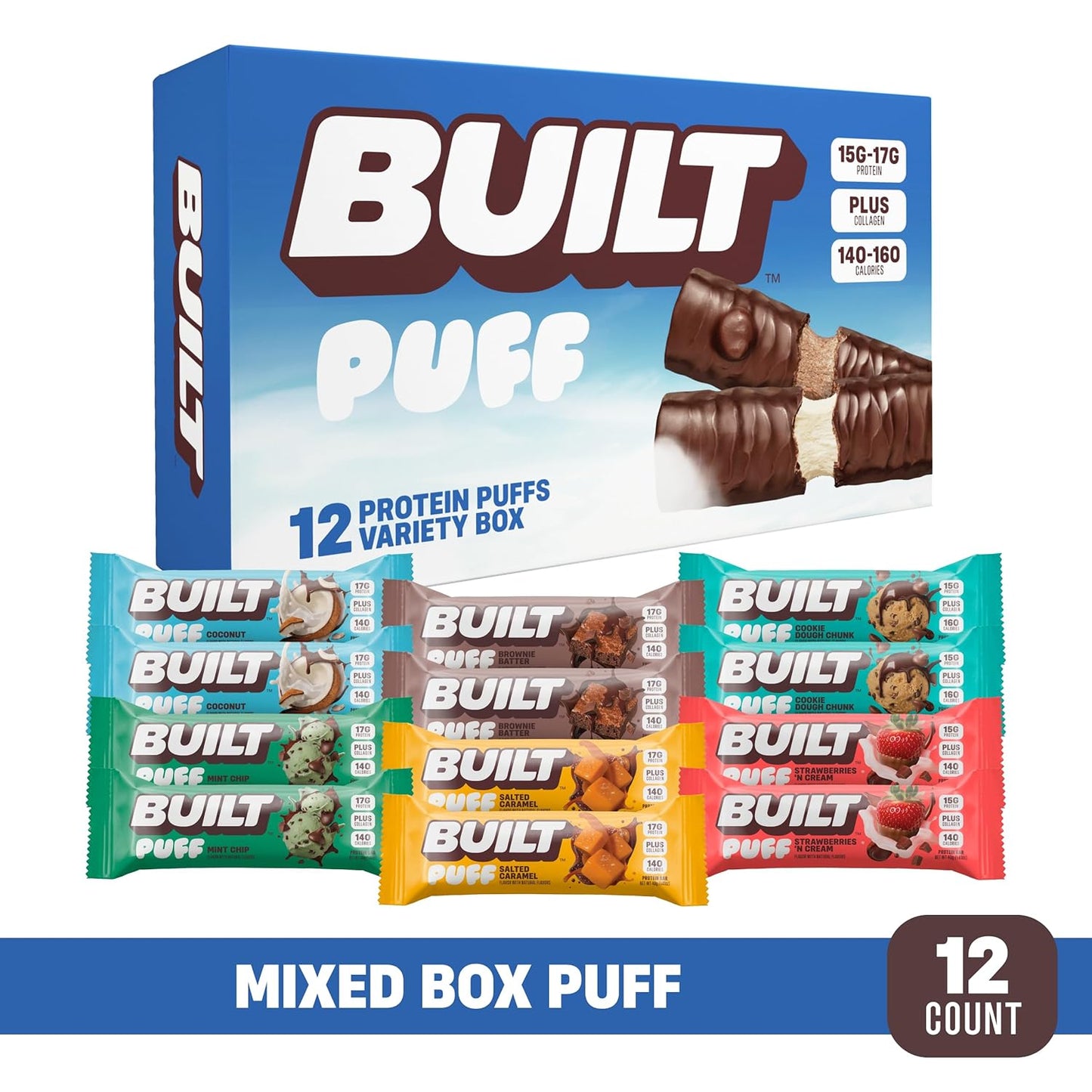 Built Bar, Puff Protein Bars, Variety Pack, Collagen, On-the-go Snacks, Breakfast Bar, Mixed Sampler, 12 Pack