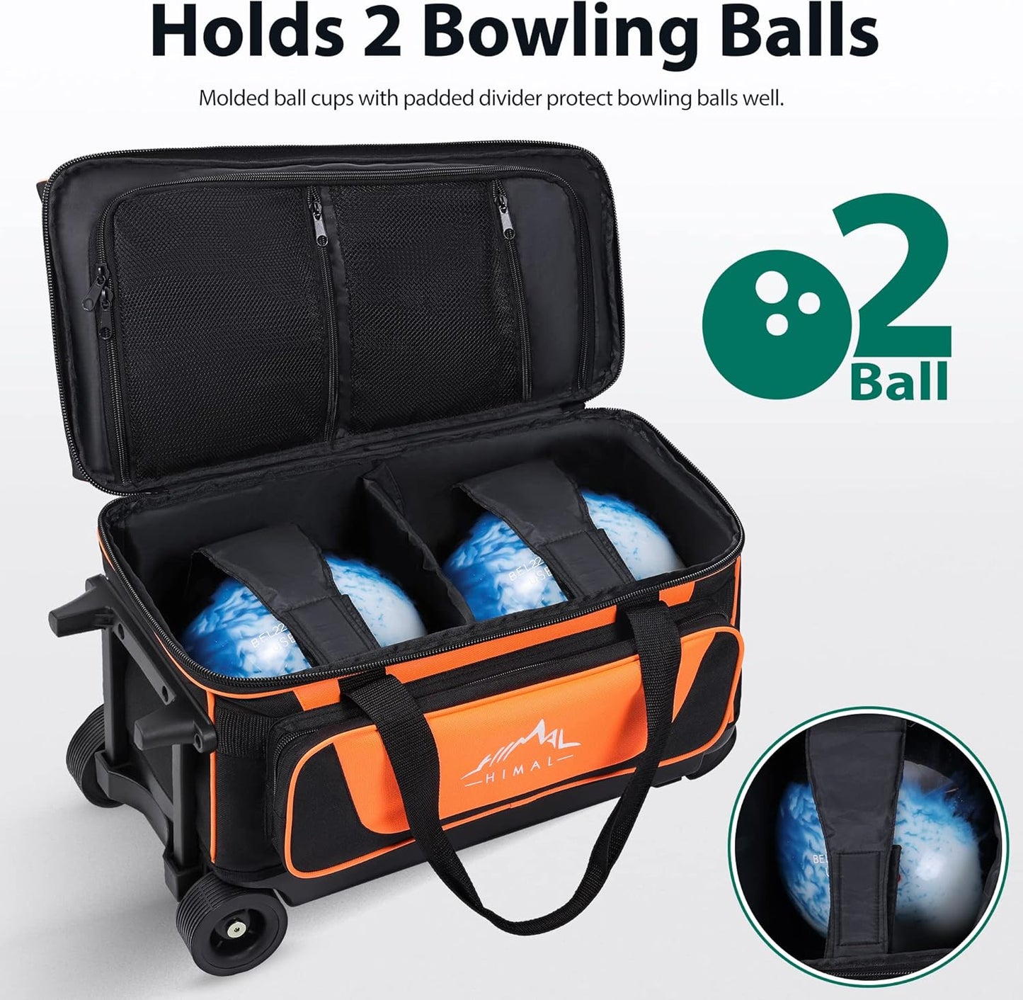 Double Roller 2 Ball Bowling Bag with Separate Shoe Compartment for Bowling Shoes (Up To US Mens Size 15) and Oversized Accessory Pocket, Retractable Handle - Extends to 40"