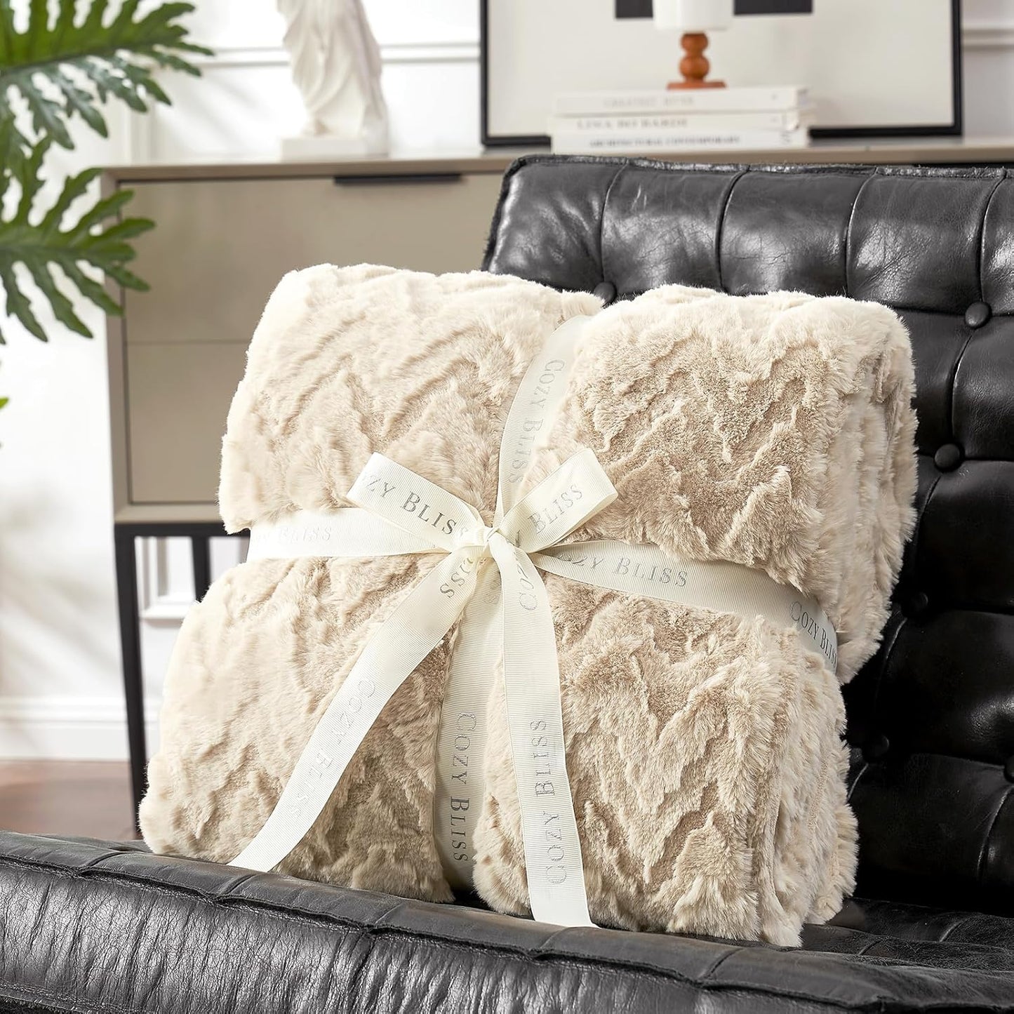 Cozy Bliss Faux Fur Throw Blanket for Couch - Soft Fuzzy Cozy Throw Gift Blankets for Women,Beige Boho Blanket for Sofa Bedroom Living Room.60 * 80 Inches