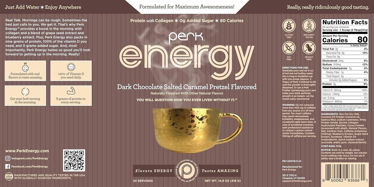 Perk Energy Original Dark Chocolate Salted Caramel Pretzel (20 Servings) - Gluten Free, Soy Free, Peanut Free