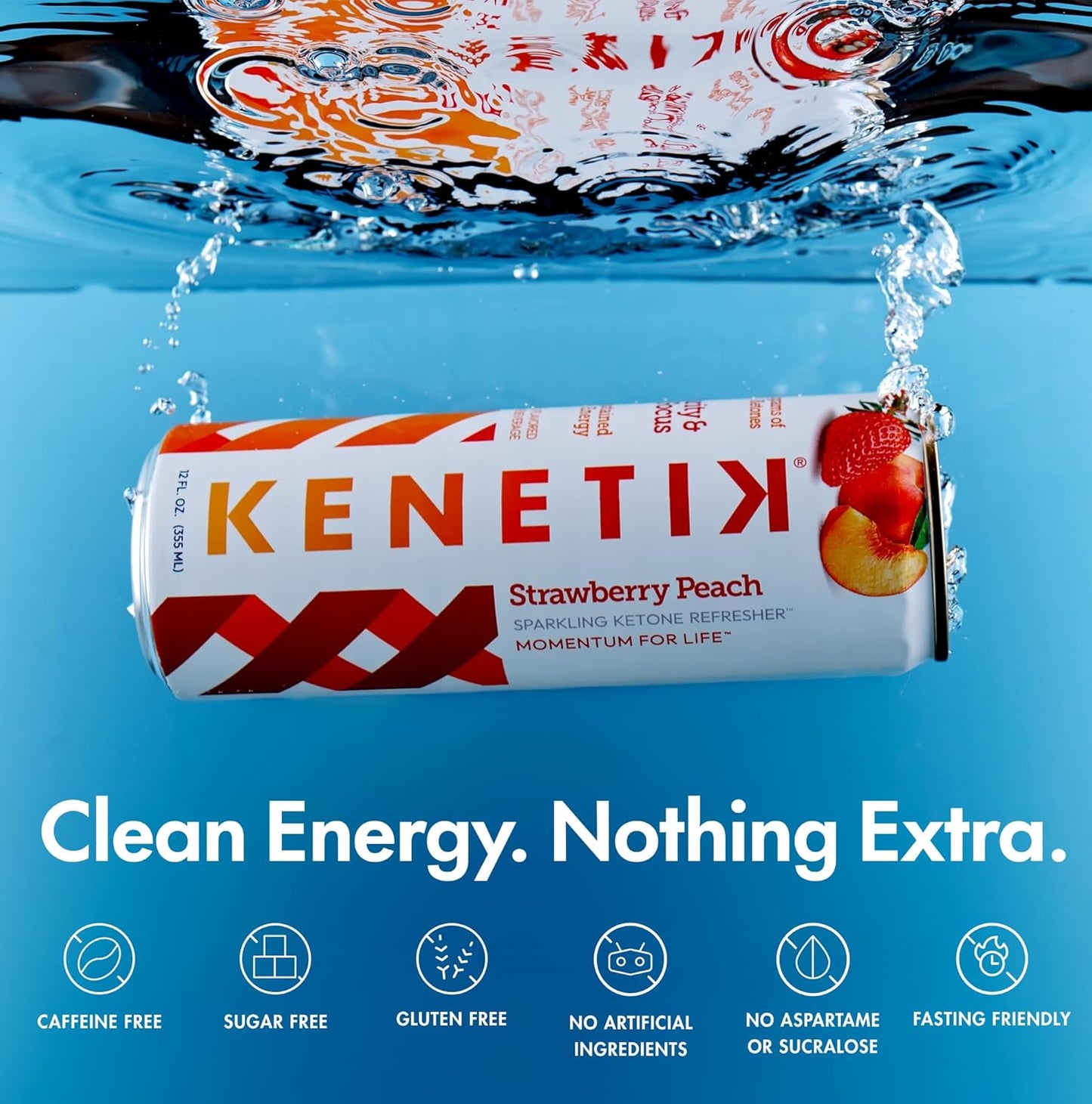 KENETIK Nootropic Ketone Drink, Ketones for Energy & Focus, Caffeine & Sugar Free, High Performance D-BHB Ketone Mix, Fuel w/Zero Crash or Jitters, Ready to Drink - Strawberry Peach 12 Pk