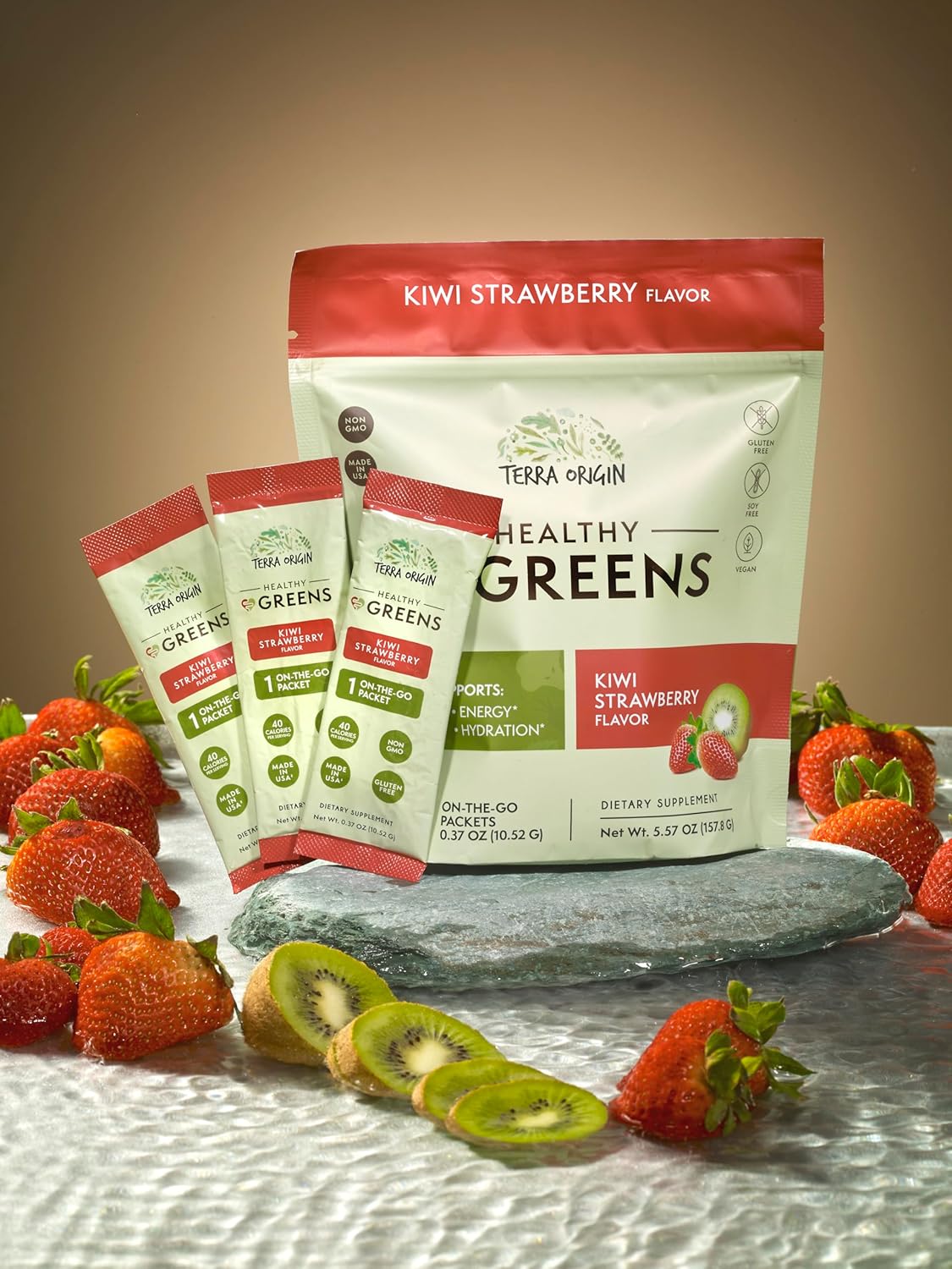 TERRA ORIGIN Greens Powder Packets | 74+ Vitamin and Superfoods | Supports Gut Health, Bloating, and Energy | with Antioxidant, Digestive Enzymes, Adaptogens | Kiwi Strawberry (15 Packets)