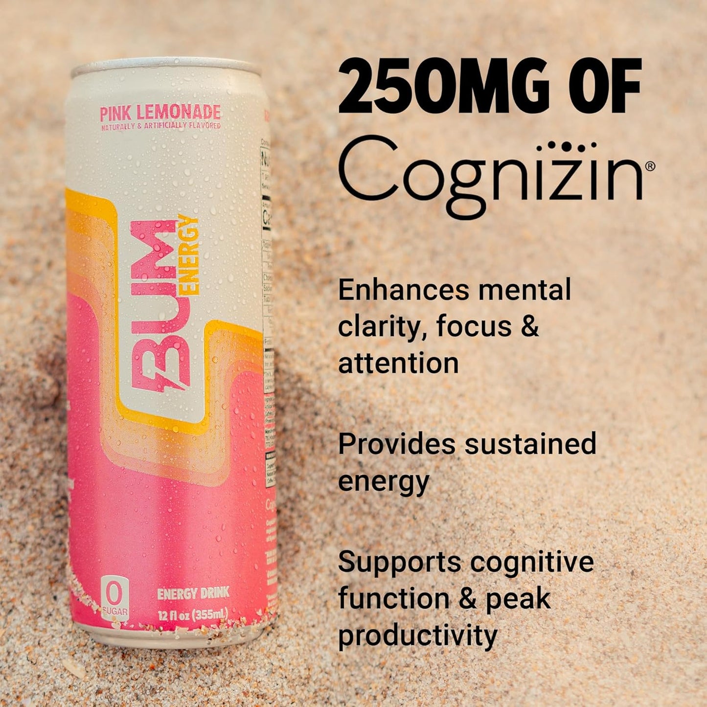 BUM Sugar-Free Energy Drink, Pink Lemonade - Lightly Carbonated & No Artificial Colors, Natural Caffeine & Citicoline for Energy & Focus, Brain Boost & Workout Sports Beverage - 12 oz, Pack of 12