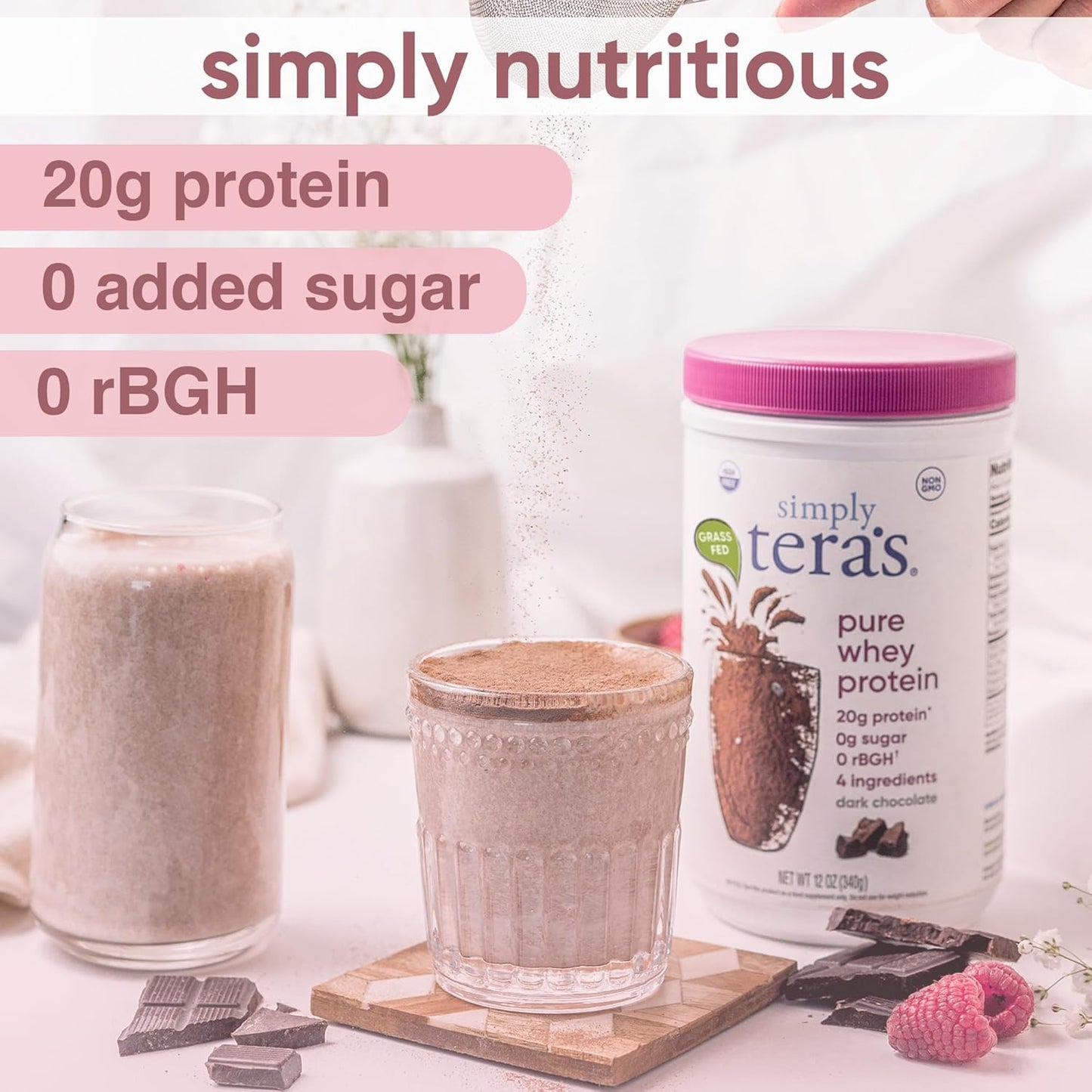 simply tera's Pure Whey Protein Powder - Dark Chocolate Clean Protein Powder, Grass Fed Whey Protein Powder Without Artificial Sweeteners, Clean Label, Non-GMO, Kosher, rBGH-Free - 24 Oz