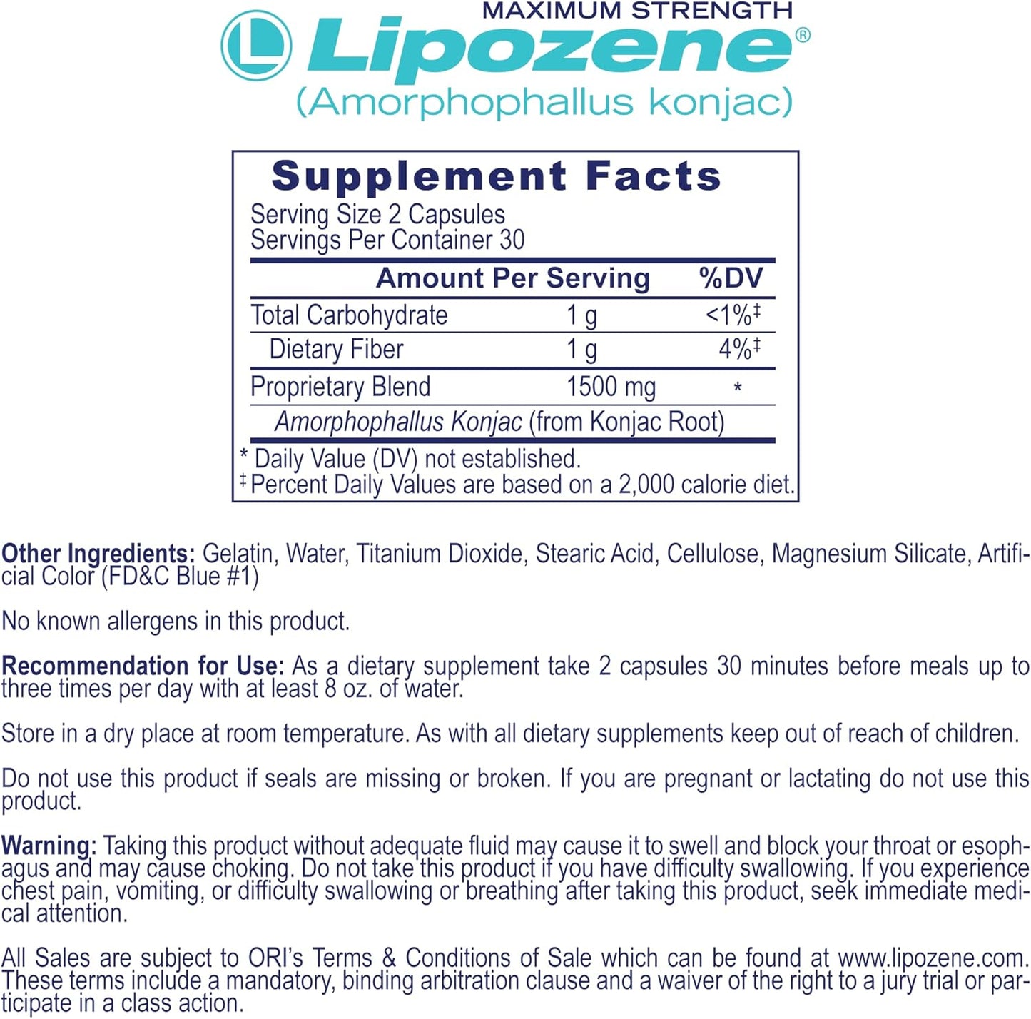 Lipozene Diet Pills - Weight Loss Supplement - Appetite Suppressant- 1 Bottle of 60 Capsules for 30 Servings- No Caffeine