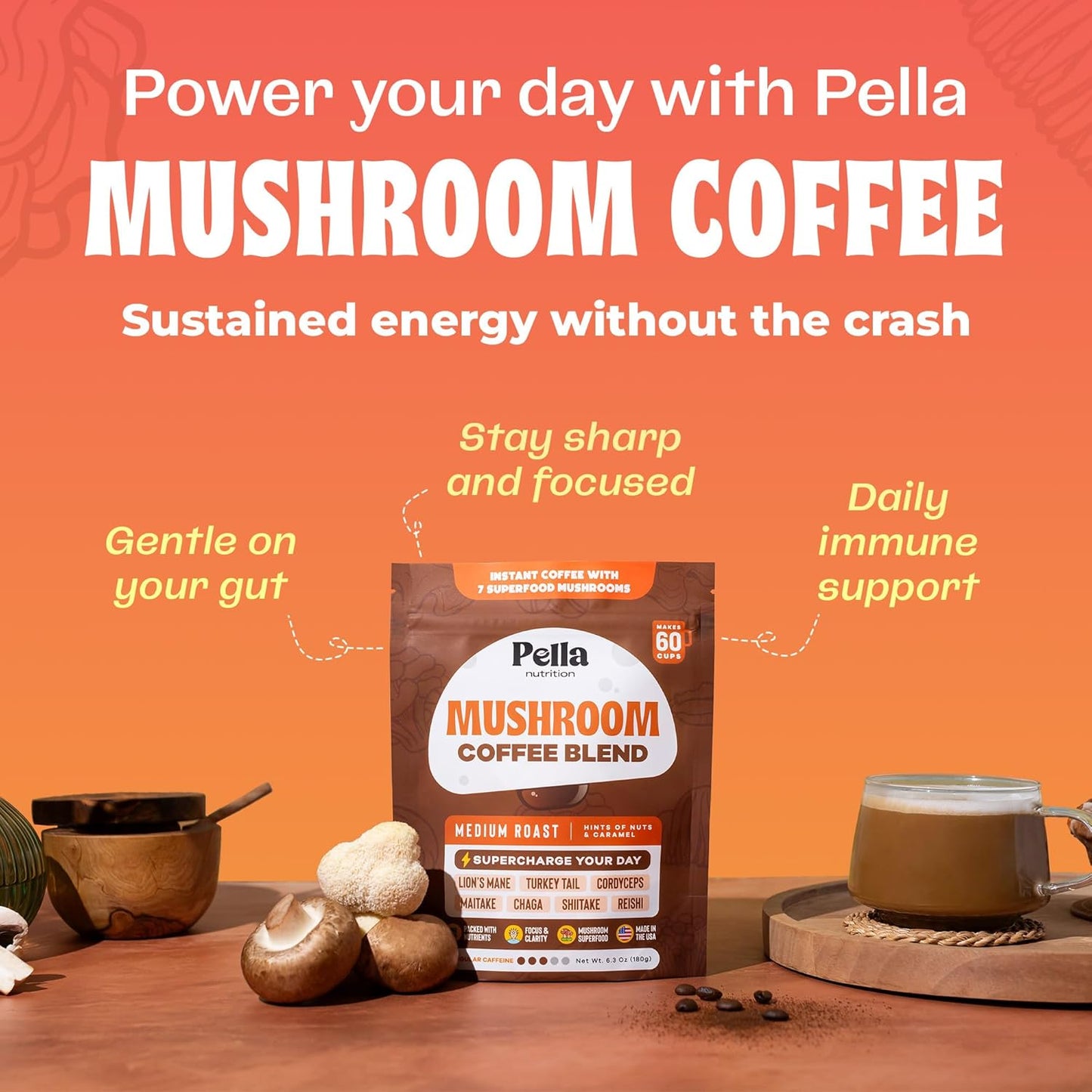 Pella Nutrition Organic Mushroom Coffee – Lions Mane, Reishi, Chaga, Cordyceps, Shiitake, Maitake & Turkey Tail – Superfood Instant Mushroom Coffee Blend for Focus & Energy (Regular Caffeine, 60 Cups)