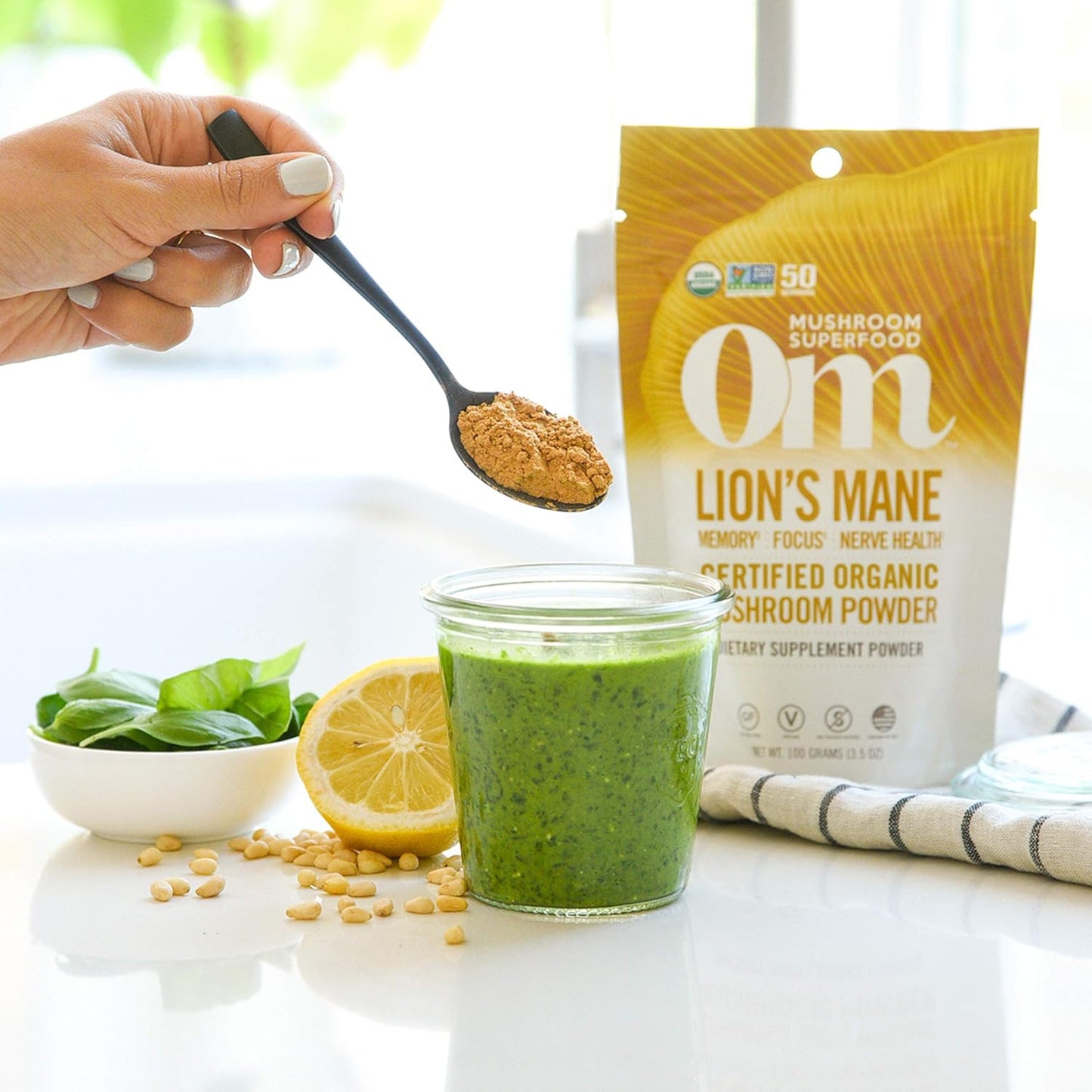 OM MUSHROOM SUPERFOOD Lion's Mane Organic Mushroom Powder, Improves Memory, Focus, Clarity, Nerve Health, and Mood Support, 7.05 oz, 100 Servings