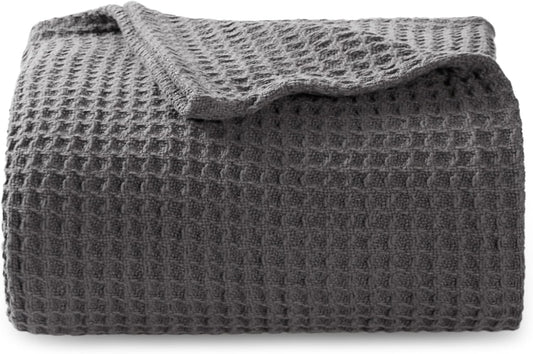Bedsure 100% Cotton Blanket Twin XL Size for College Dorm - Breathable and Soft, Waffle Weave Twin Blanket for Summer, Dorm Room Essentials, Dark Grey, 66x90 inches