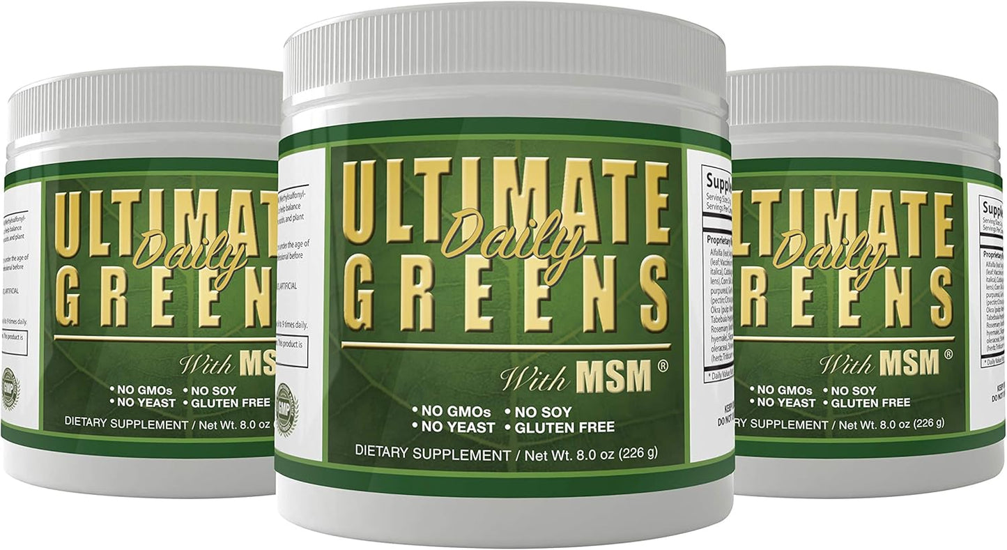 Ultimate Greens Powder Immune Support Vegan Friendly Vegetable Alkalize Drink NO GMO Gluten Soy Free 8oz 3 Pack