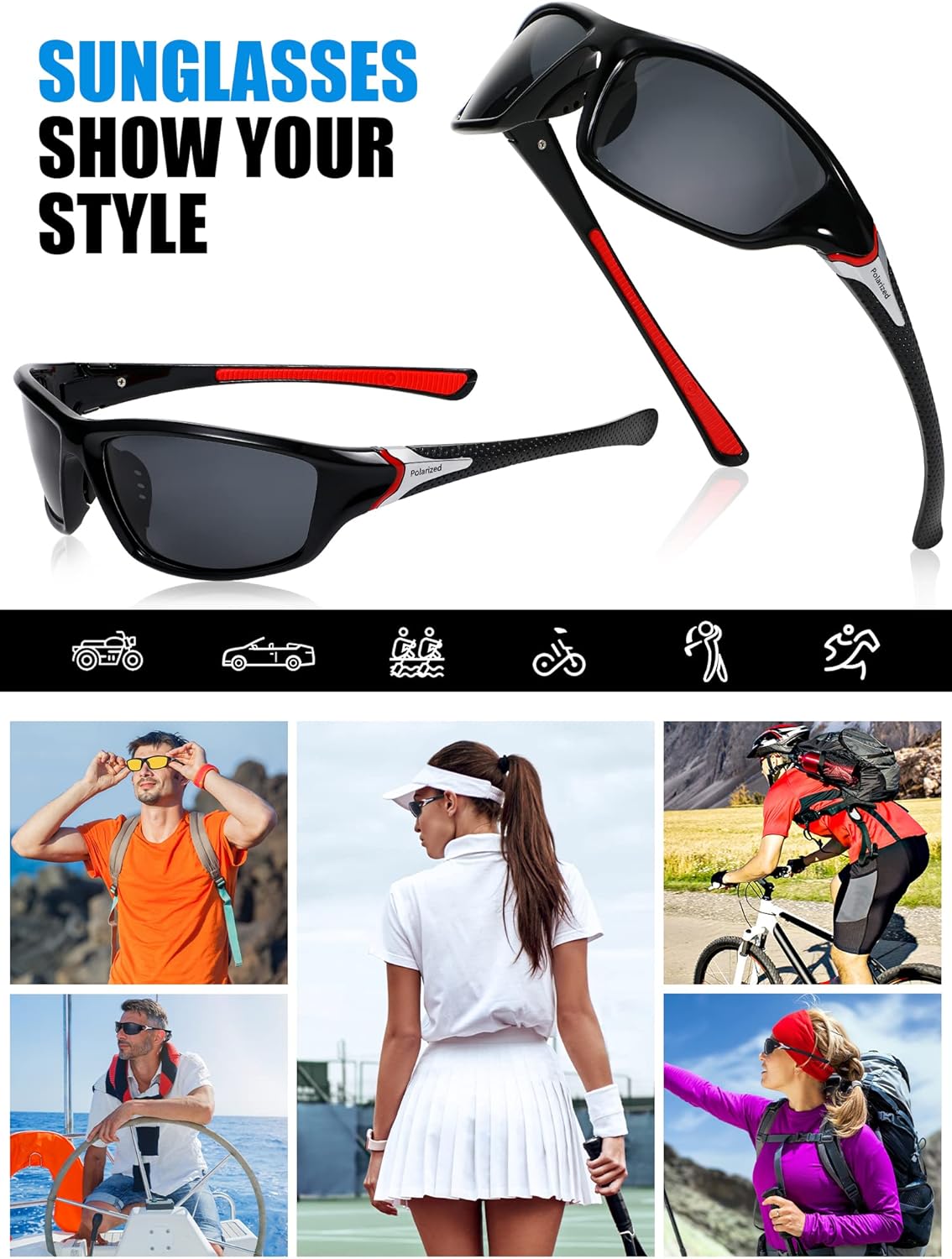 Frienda 6 Pack Polarized Sport Sunglasses for Men Multipack Fit over Glasses Pack Lot Set Men's Sport Fishing Eyeglasses