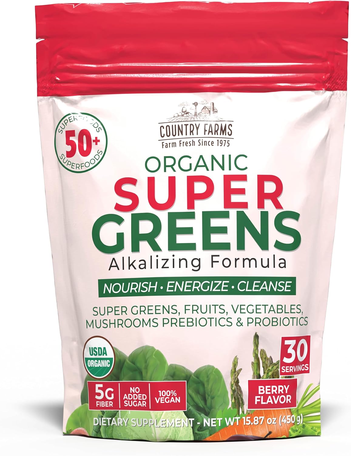 Country Farms Super Greens Berry Flavor, 50 Organic Super Foods, USDA Organic Drink Mix (Wheat Grass, Spirulina, Chlorella) Mushrooms & Probiotics, with Fiber, Gut Health, Natural Energy, 30 Servings