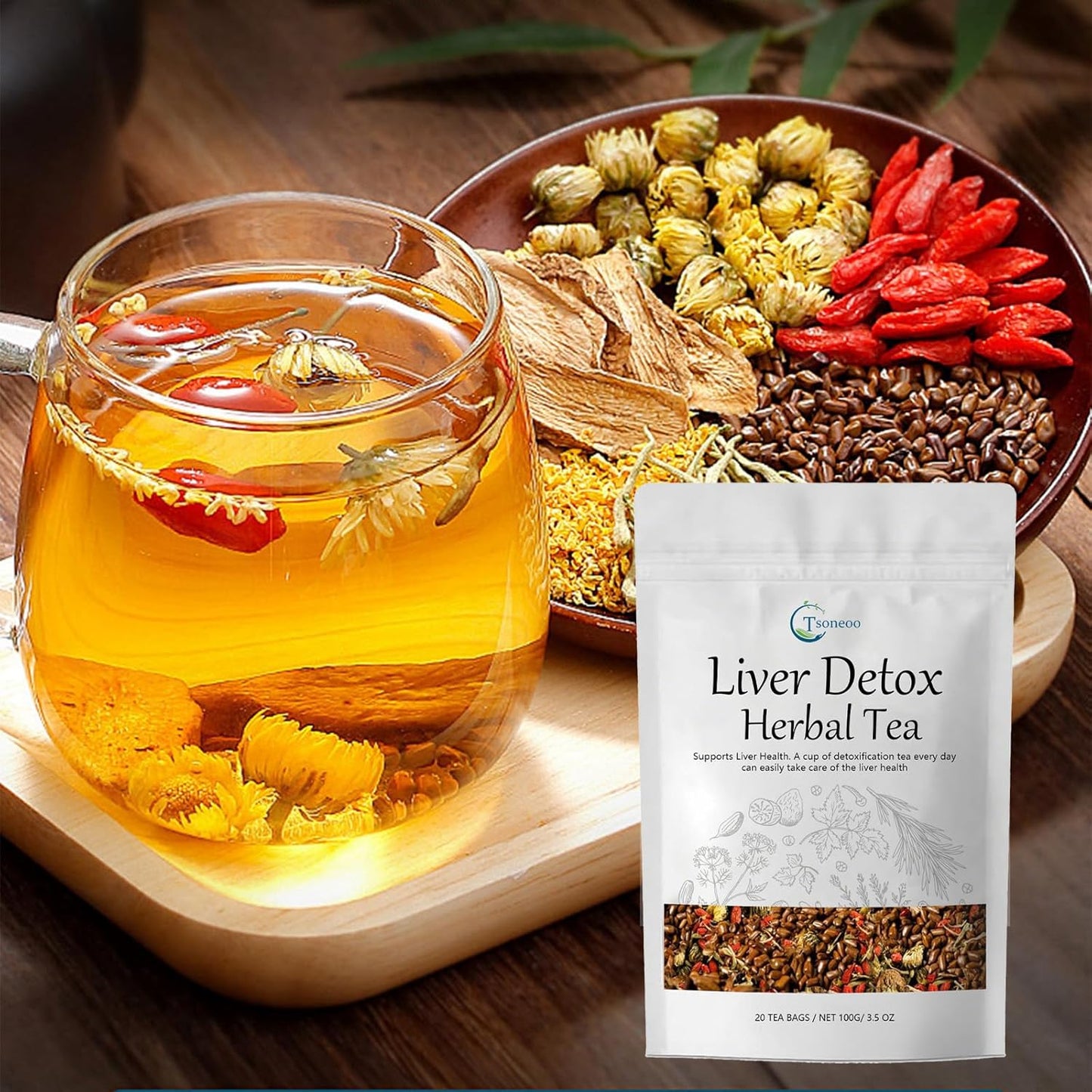 Liver Detox Herbal Tea | 20 Tea Bag，aids digestion，Caffeine-free, nine natural ingredients including milk thistle, chrysanthemum, cassia seed, etc. (1pc)