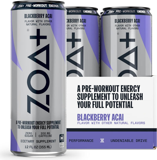 ZOA+ Pre-Workout Energy Drink Supplement - NSF Certified for Sport with Zero Sugar, Nitric Oxide Support, B & D Vitamins, Amino Acids, and Electrolytes (BlackBerry Acai)