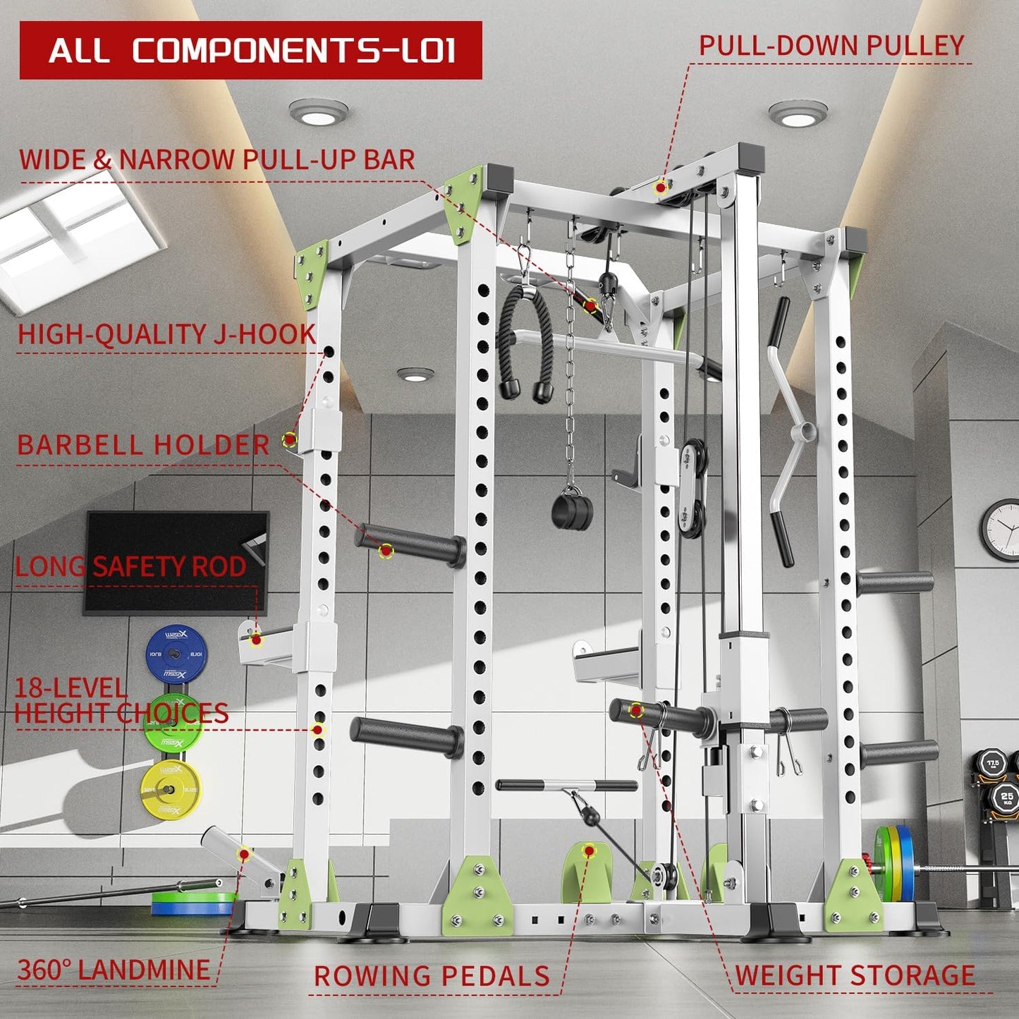 Power Rack Power Cages Multi-Function Squat Rack with Cable Crossover System Selectable More Training Attachment Weight Cage for Garage & Home Gym