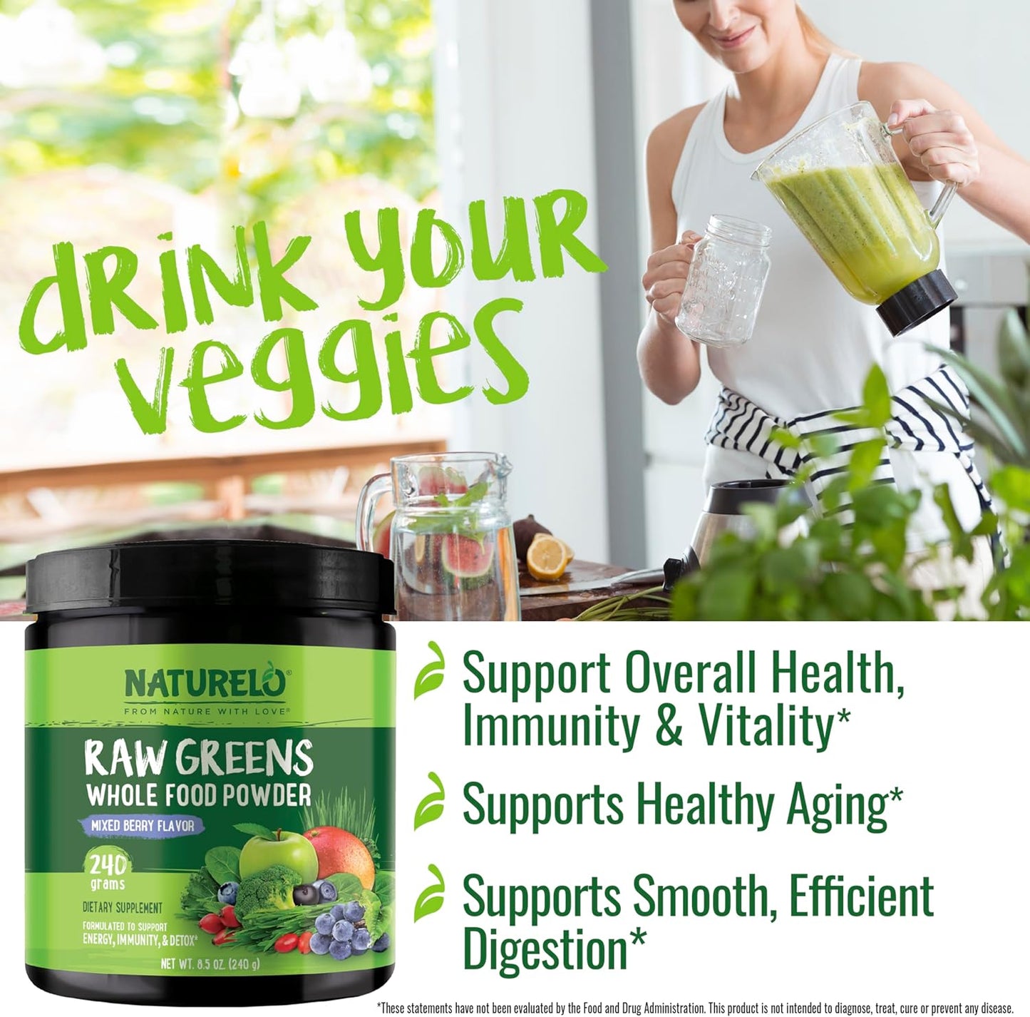 NATURELO Raw Greens Superfood Powder - Mixed Berry - Boost Energy, Detox, Enhance Health - Organic Spirulina - Wheat Grass - Whole Food Nutrition from Fruits & Vegetables - 240 Grams