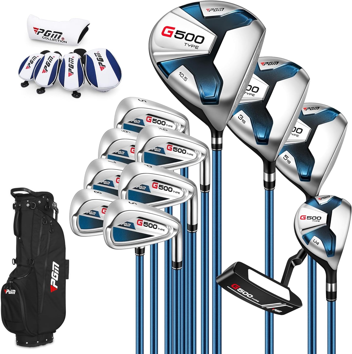 PGM Men's G Type Complete Golf Club Set - Titanium #1 Driver, Draw-Biased Hybrid, High-Strength Iron Set, High Forgiveness Putter, with Stand Bag