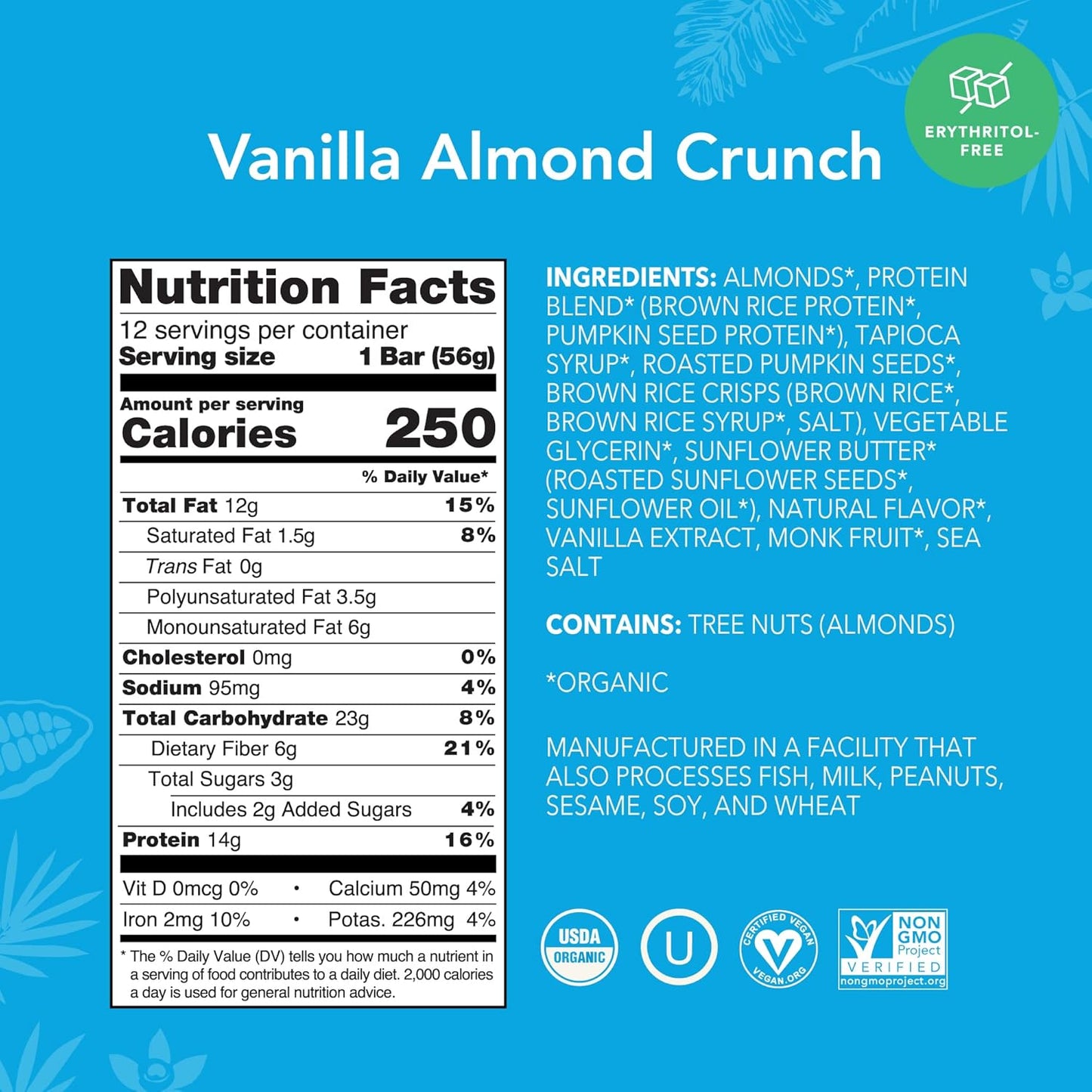 ALOHA Organic Plant Based Protein Bars, Vanilla Almond Crunch, 1.98-Ounce Bars, (Pack of 12)