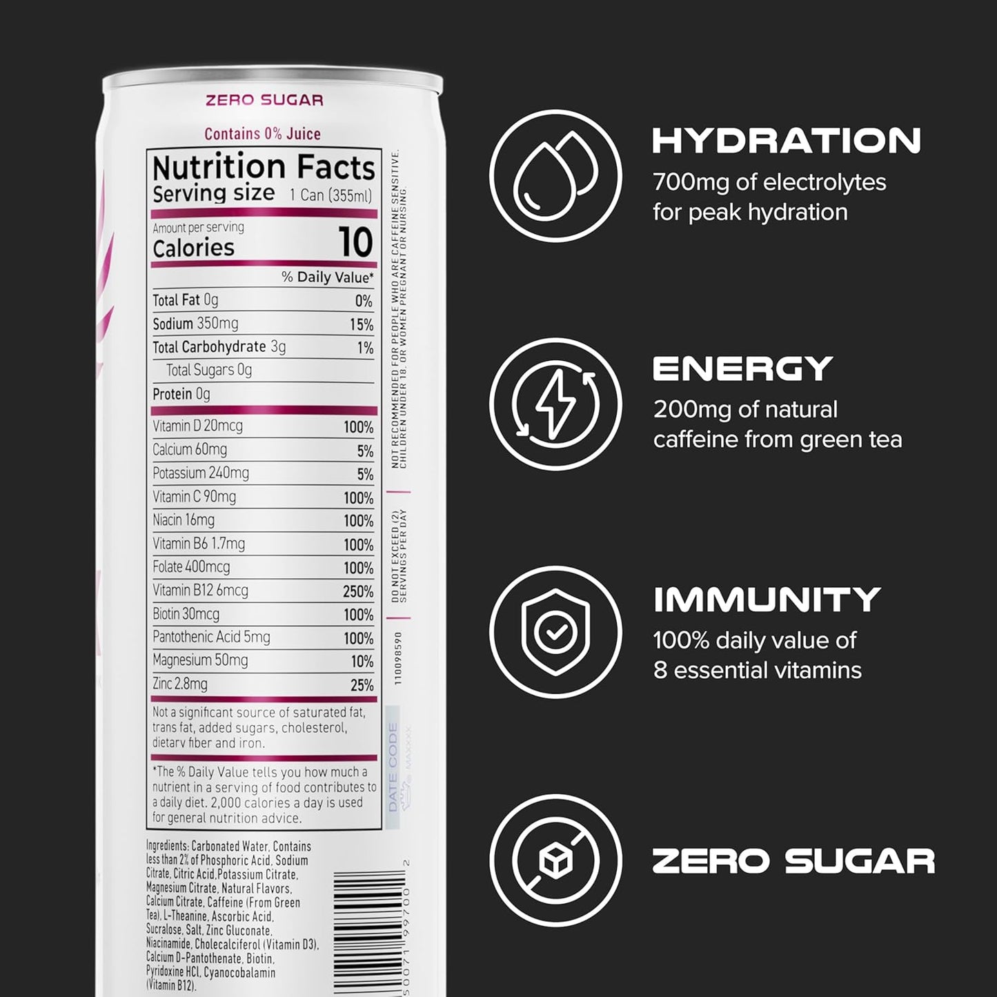 PHX Hydration Energy Drink - 700mg Electrolytes, 200mg Natural Green Tea Caffeine, 100% Daily Value 8 Essential Vitamins - 12 oz Cans (12 Pack) (12 Pack, Wild Berry)