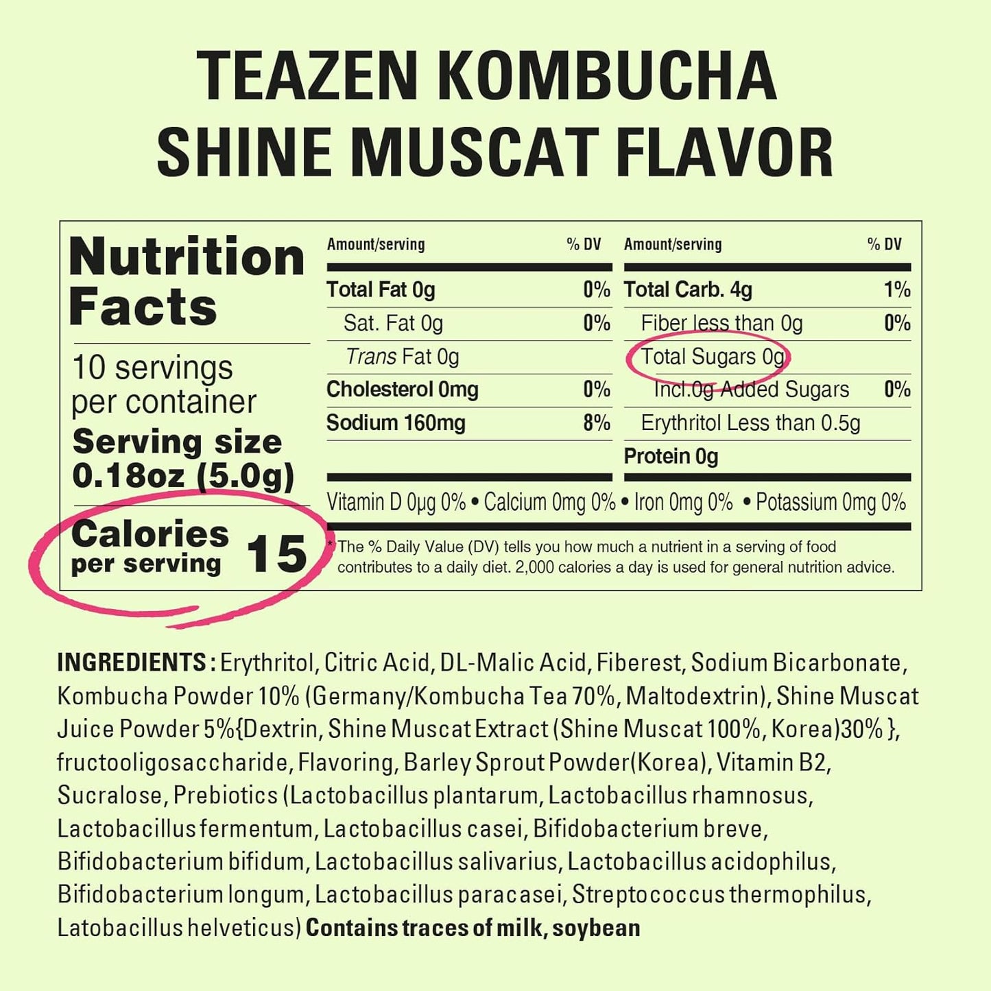 TEAZEN Shine Muscat Kombucha Tea, Electrolyte & Hydration Drink Mix, Sugar Free, Live Probiotics & Prebiotics, 30 Sticks, 5.29oz