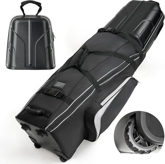 Hard Case Golf Travel Bags for Airlines with Oversize Tank Wheels, 2100D Oxford Fabric Soft Golf Club Carry Bags, Hard Cse Top Protect Club Travel Cover, Foldable for Easy to Maneuver