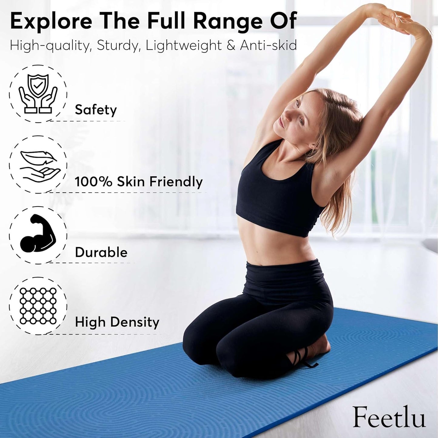 Extra Thick 12mm Exercise Mat – Non-Slip, Joint-Friendly & Cushioned Fitness Mat for Yoga, Pilates & Floor Workouts – Durable, Supportive & Includes Feetlu Classic Strap