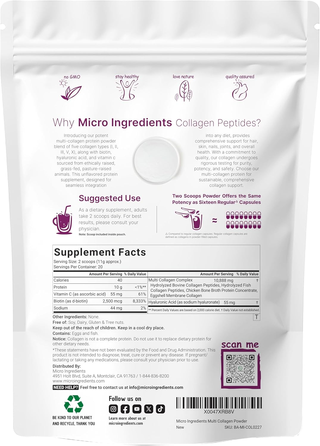 Micro Ingredients Multi Collagen Peptides Powder, 8oz | Type I, II, III, V, X + Biotin, Vitamin C & Hyaluronic Acid | Unflavored | Supports Hair, Skin & Joint Health | Keto, Non-GMO