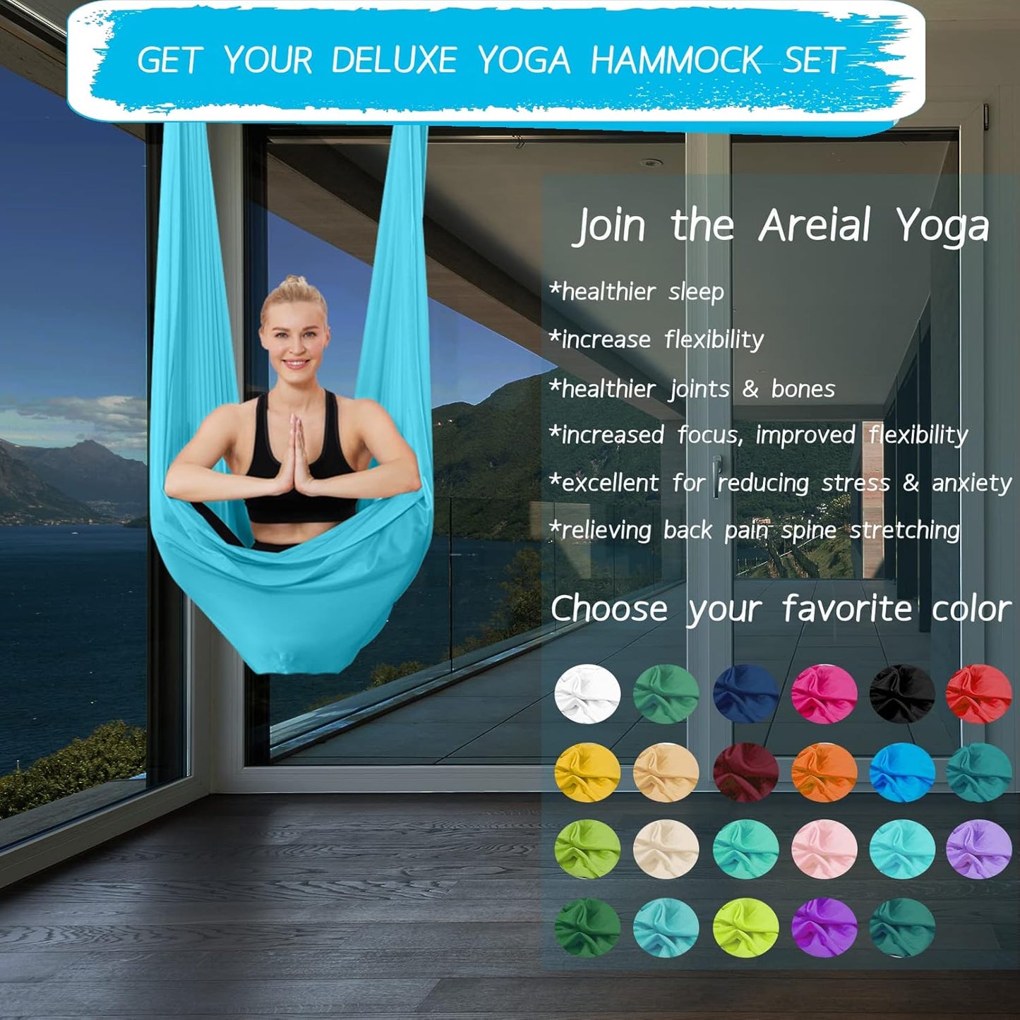 5.5 Yards Aerial Silks Yoga Swing Set - Aerial Yoga Hammock Kit Anti-Gravity Flying for Fitness, Low/Non Stretch Nylon Tricot Fabric Hardware Included for Dance