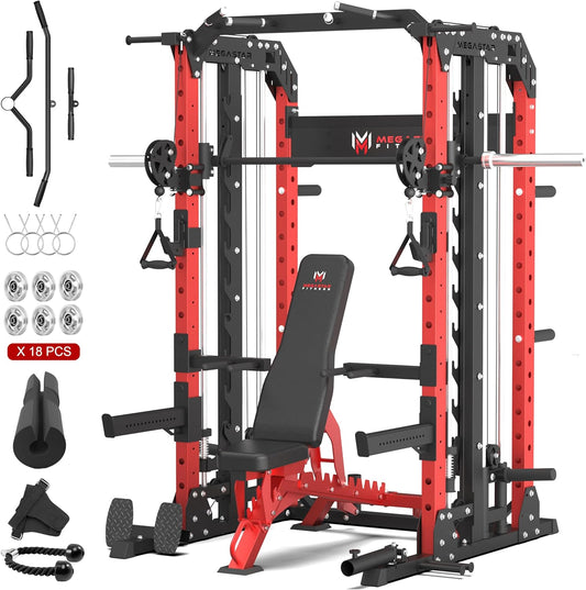 Smith Machine Home Gym with Aluminum Pulley Set - 2000lbs Capacity All-in-One Power Rack with Cable Crossover, Pull-Up Bar & Dip Station, Includes 18 Attachments, P107 Anvil