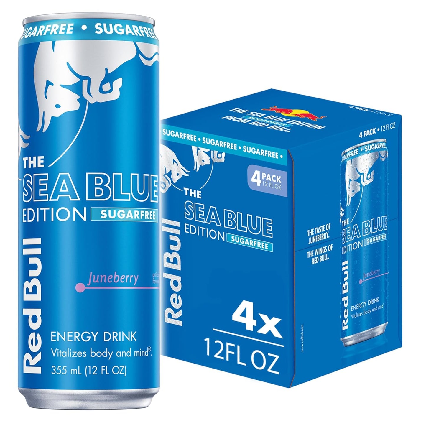 Red Bull Sea Blue Edition Sugar Free Energy Drink, Juneberry,12 fl. oz., Pack of 4 cans, with 114mg Caffeine, Taurine & B Vitamins