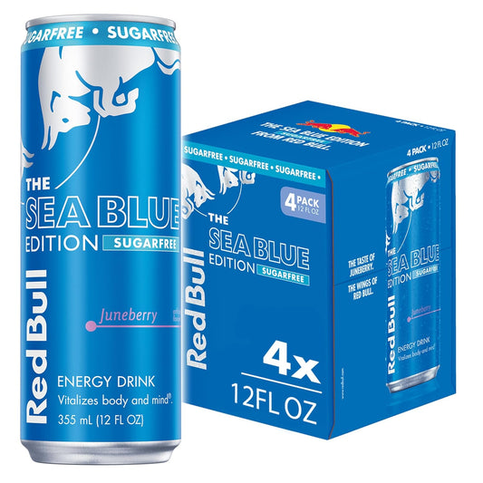 Red Bull Sea Blue Edition Sugar Free Energy Drink, Juneberry,12 fl. oz., Pack of 4 cans, with 114mg Caffeine, Taurine & B Vitamins