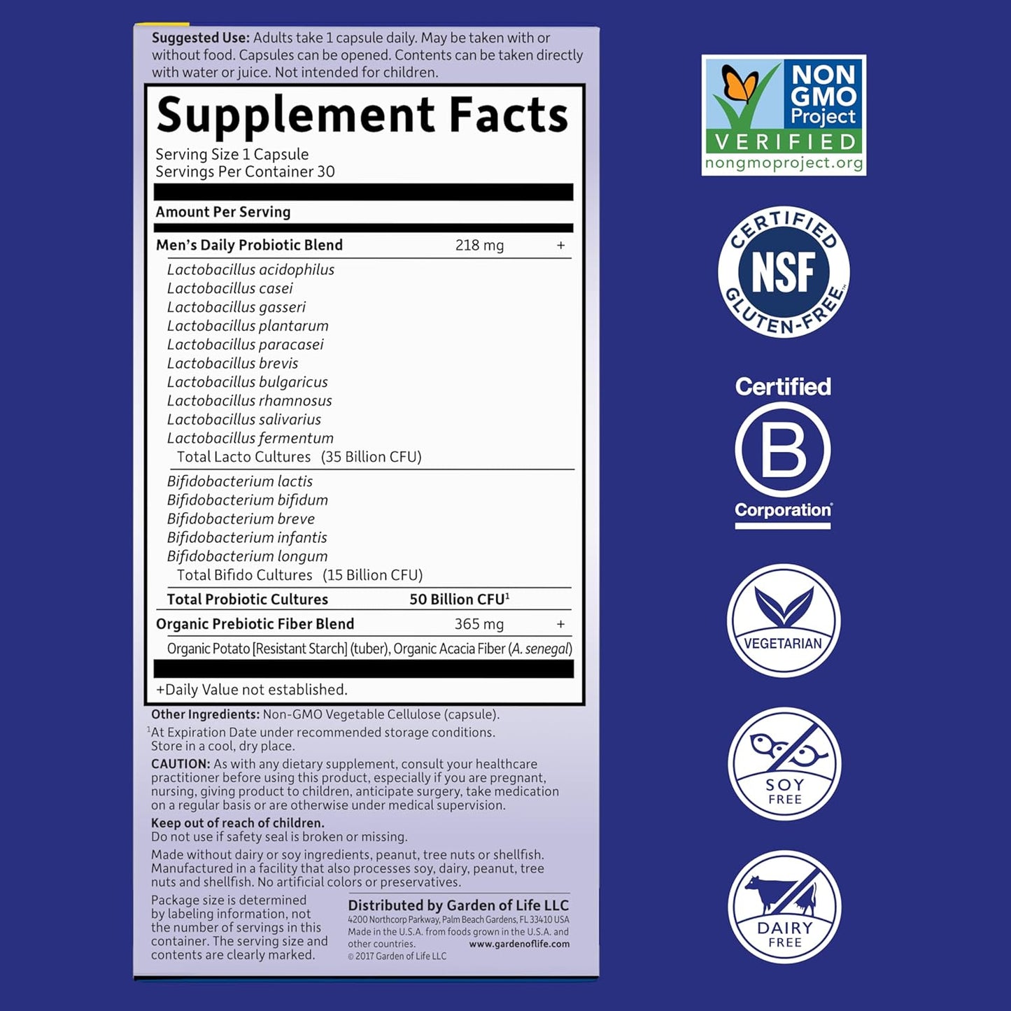 Garden of Life Probiotics for Men, Dr Formulated 50 Billion CFU 15 Probiotics for Digestive Health + Organic Prebiotic Fiber, Colon & Immune Support, Daily Gas Relief, Shelf Stable, 30 Capsules