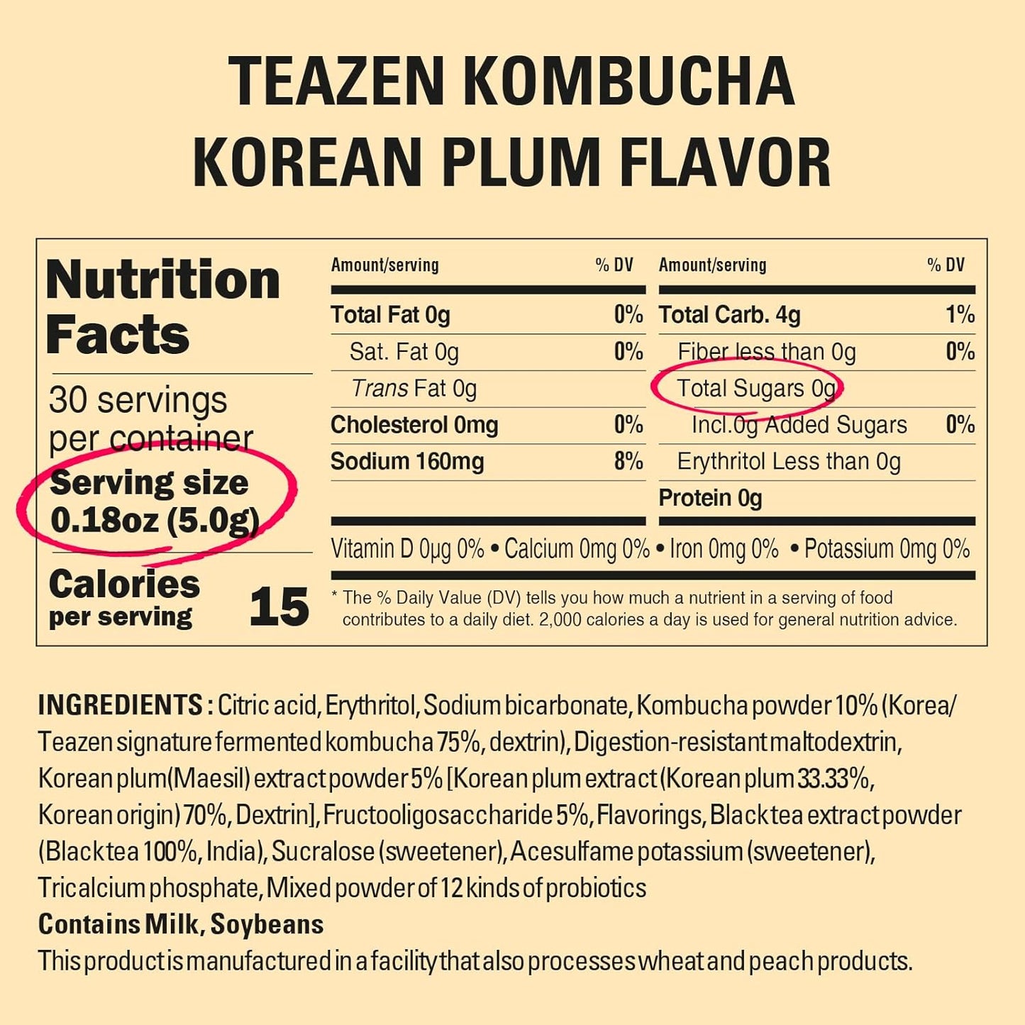 TEAZEN Japanese Apricot Kombucha Tea, Electrolyte & Hydration Drink Mix, Sugar Free, Live Probiotics & Prebiotics, 30 Sticks, 5.29oz