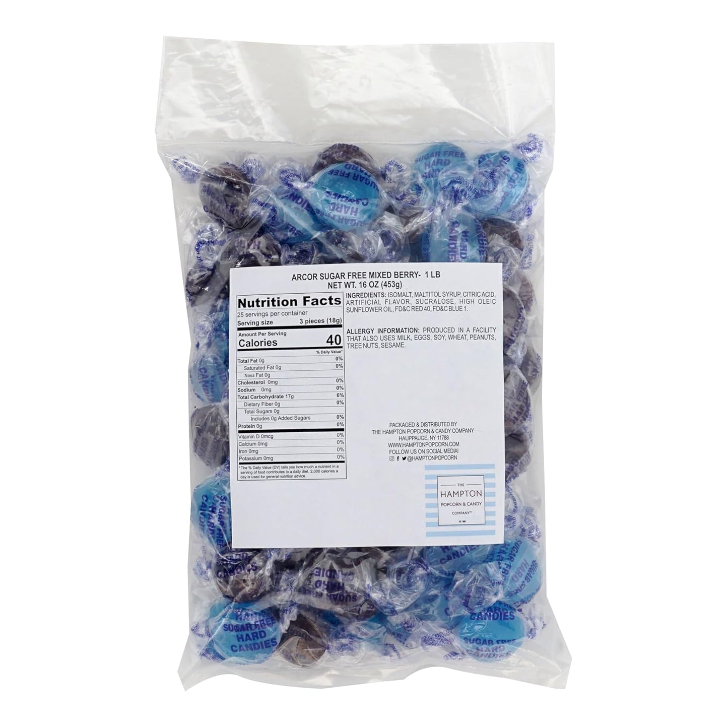 Arcor Sugar Free Mixed Berry Hard Candy, 1 Pound Bulk Bag (Approx. 70 Pieces), Individually Wrapped Hard Candy, The Hampton Popcorn & Candy Company