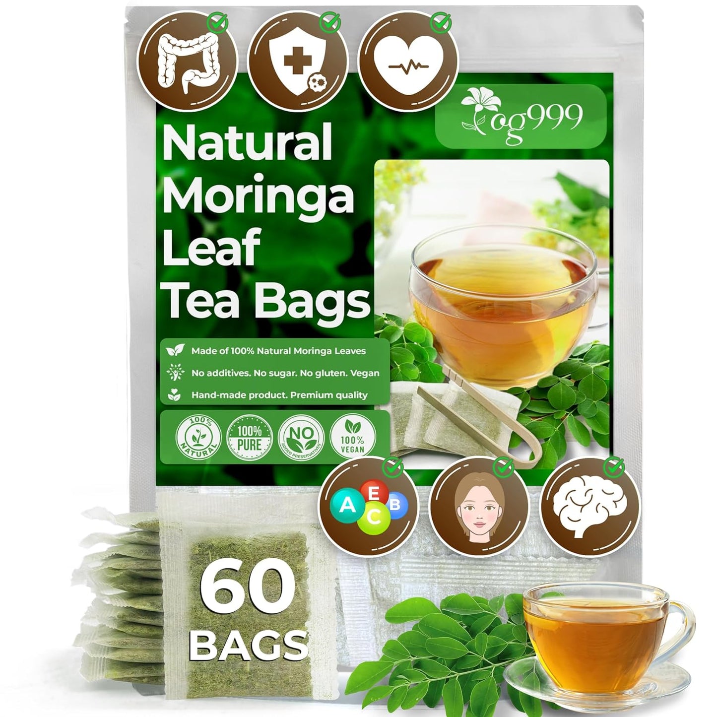 TOG999, Premium 60 Moringa Leaf Tea Bags, 100% Natural & Pure from Moringa Leaves. Loose Leaf Moringa Herbal Tea. Moringa Leaf Tea. No Sugar, No Caffeine, No Gluten, Vegan.