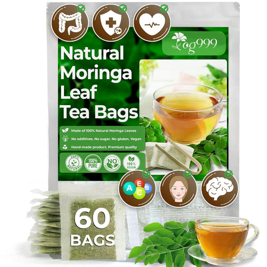 TOG999, Premium 60 Moringa Leaf Tea Bags, 100% Natural & Pure from Moringa Leaves. Loose Leaf Moringa Herbal Tea. Moringa Leaf Tea. No Sugar, No Caffeine, No Gluten, Vegan.