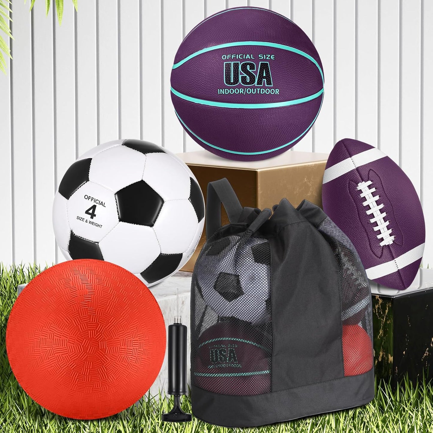Deekin 4 Pcs Sport Balls Set for Kids Teens, Include Official Size 5 Basketball 4 Soccer 6 Football Playground Ball and Pump Sports Equipment Bag Recess Equipment Sport for Students(Purple, Teal)