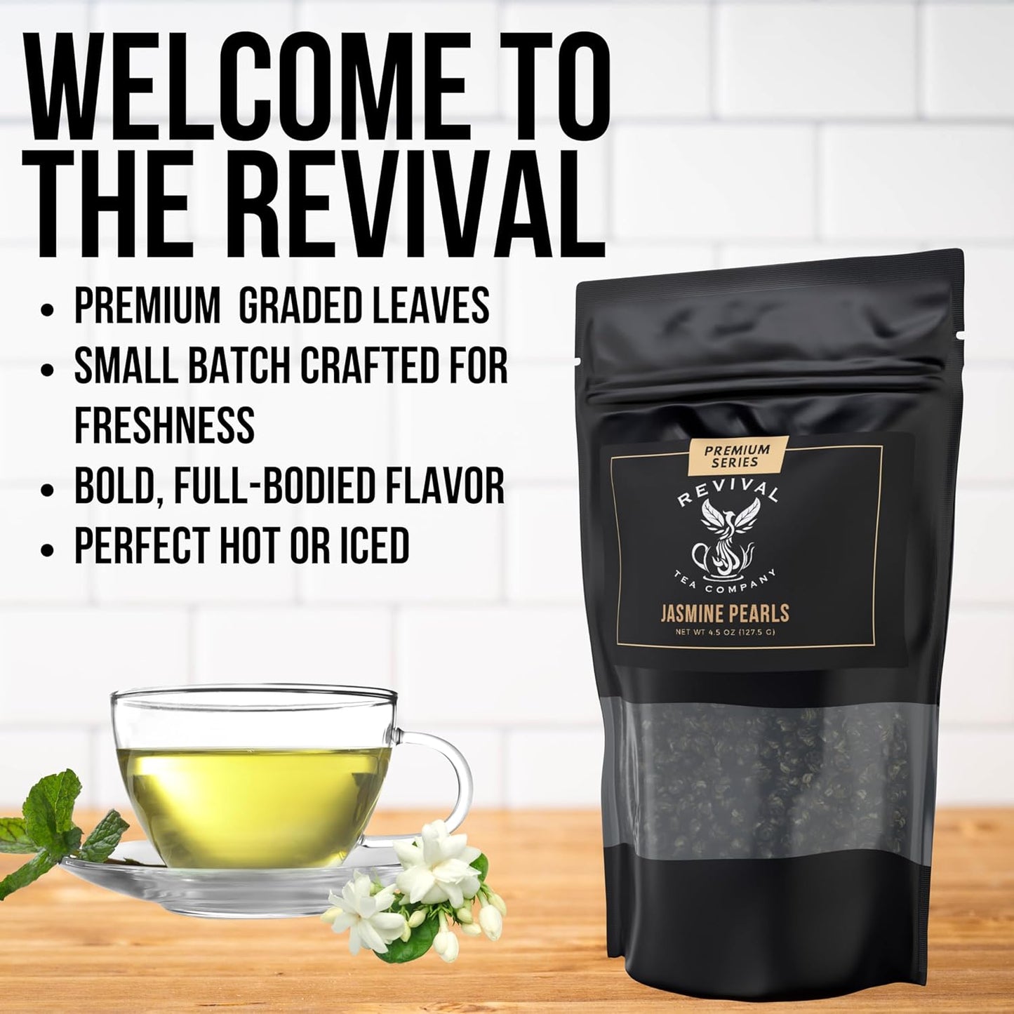 Revival Tea Company Jasmine Tea Pearls - Hand-Rolled Green Tea Scented with Jasmine Flowers - 4.5 Ounces