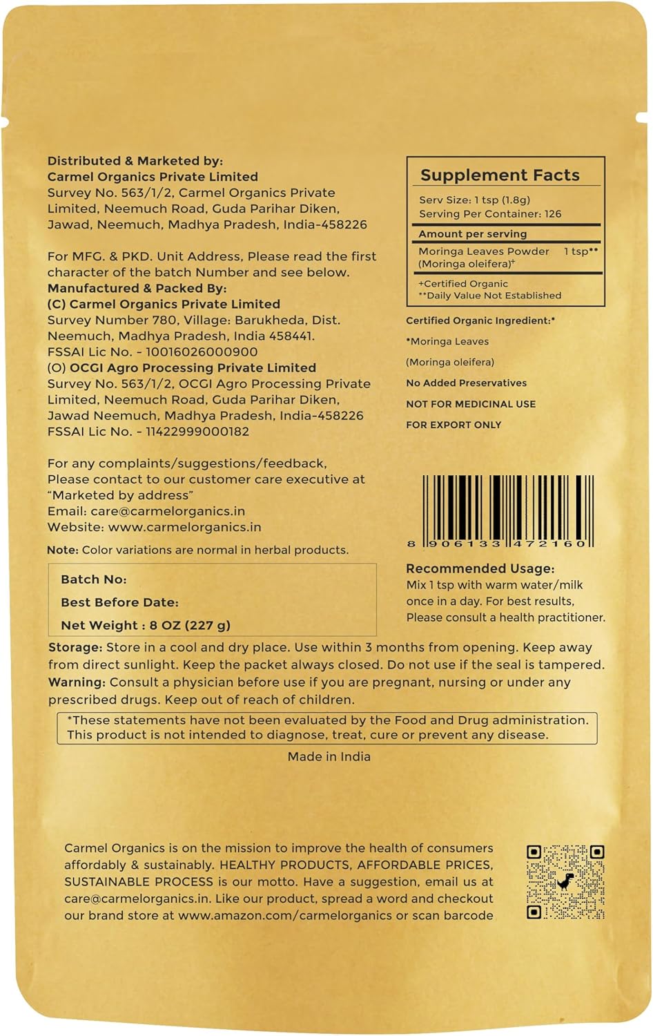 Moringa Leaves Powder (8 Ounce) | Non GMO | Super Food for Smoothies and Drinks | Natural | No Added Preservative or Additive | Moringa Oleifera Powder