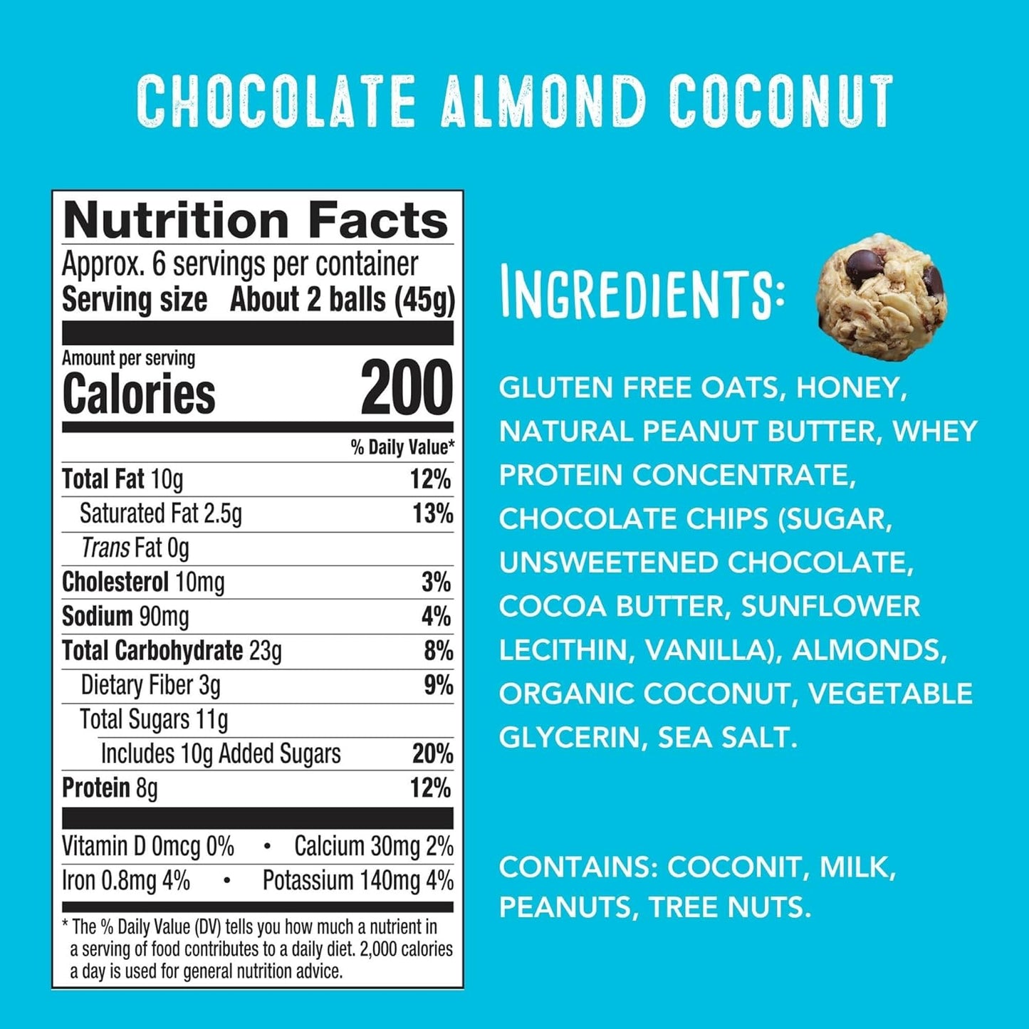 simplyFUEL Whole Food Protein Balls with Probiotics - Chocolate Almond Coconut Snacks - 8g Protein Snack - Gluten Free Energy Balls