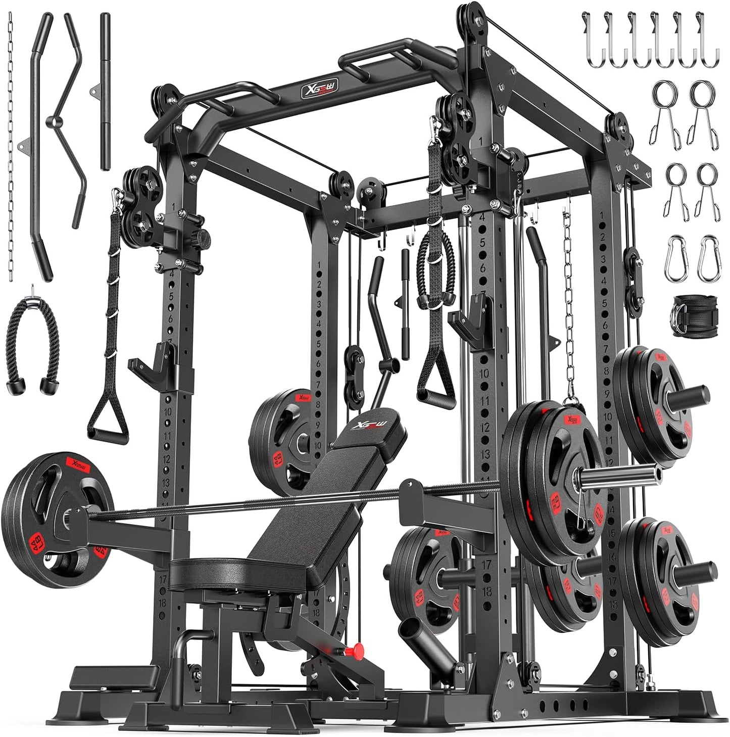 Power Cage Multi-Function Power Rack with Cable Crossover System,1800 LBS Capacity Squat Rack with Weight Bench,for Home Gym
