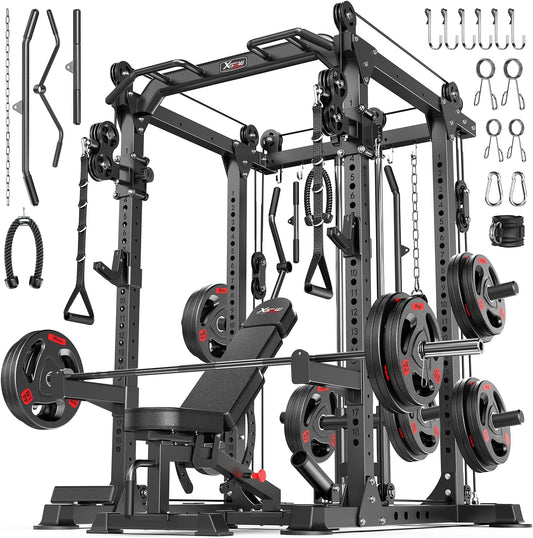 Power Cage Multi-Function Power Rack with Cable Crossover System,1800 LBS Capacity Squat Rack with Weight Bench,for Home Gym