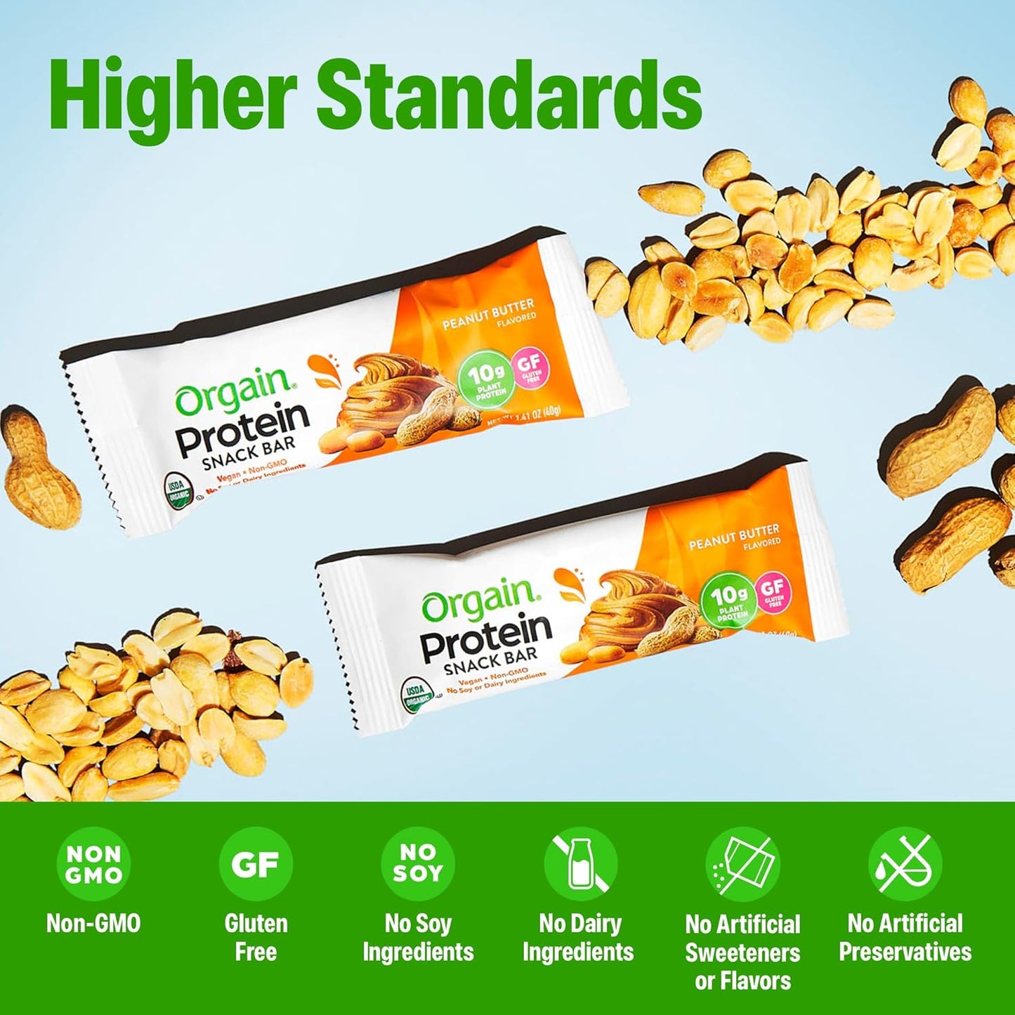 Orgain Organic Vegan Protein Bars, Peanut Butter - 10g Plant Based Protein, Low Calorie Healthy Snacks, No Lactose or Soy Ingredients, Gluten Free, Non-GMO - 1.41 Oz (Pack of 12)