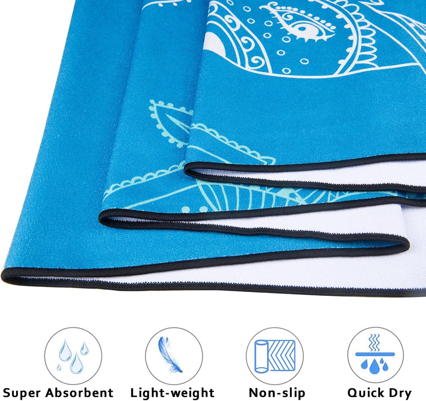 QiyI Yoga Mat Towel with Corner Pockets, Non Slip Sweat Absorbent Hot Yoga Towels, Soft Yoga Blankets with Travel Bag, Skidless Mat Cover for Workout, Gym, Fitness - 70"x26", Blue Mandala Elephant
