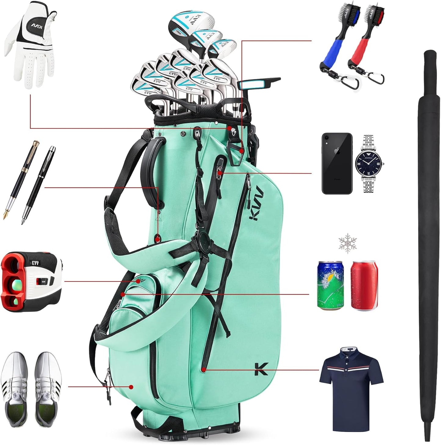 KVV Lightweight Golf Stand Bag with 7 Way Full-Length Dividers, 5 Zippered Pockets, Automatically Adjustable Dual Straps，Elegant Design