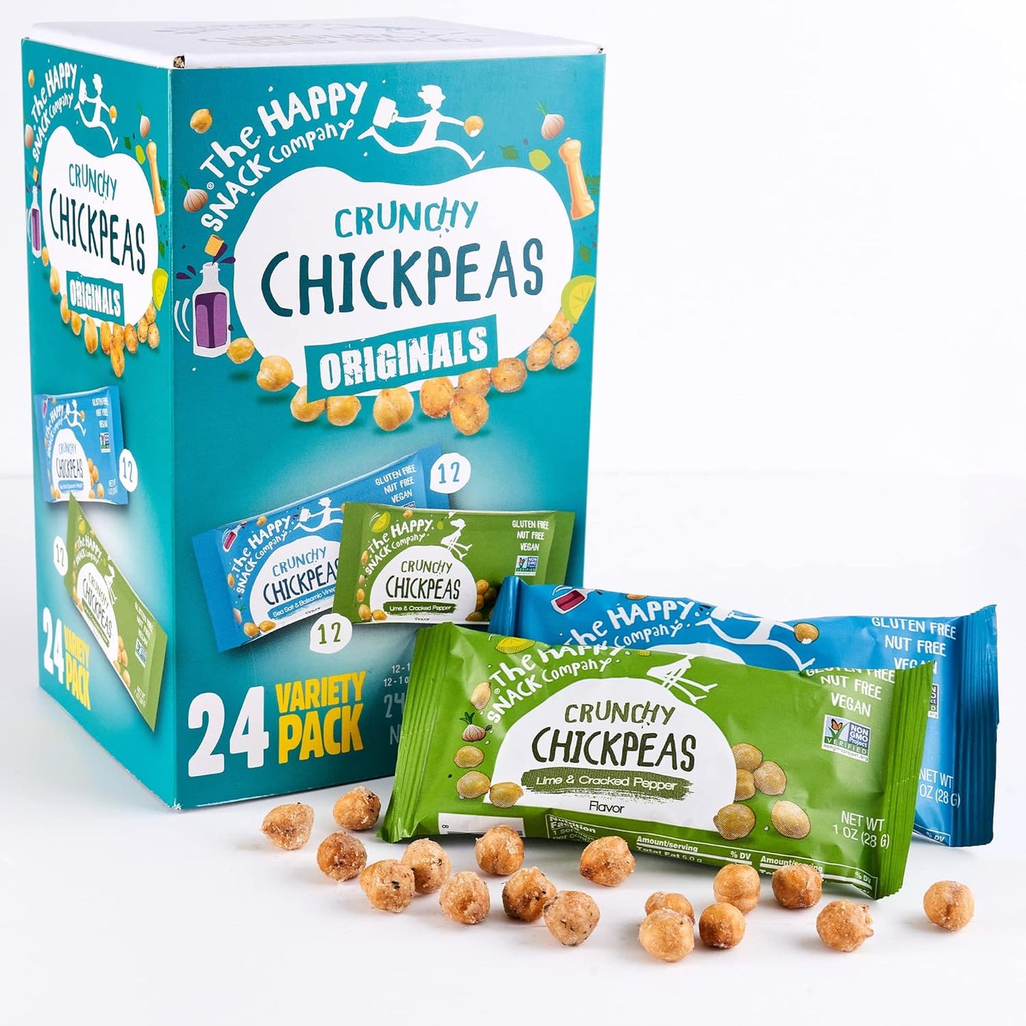 The Happy Snack Company Crunchy Chickpeas Variety Pack 24 x 1 oz ( Sea Salt & Balsamic Vinegar Flavor and Lime & Cracked Pepper Flavor). 5g Plant Based Protein & 120 Cals. Gluten, Nut & Dairy Free, Non-GMO and Vegan.