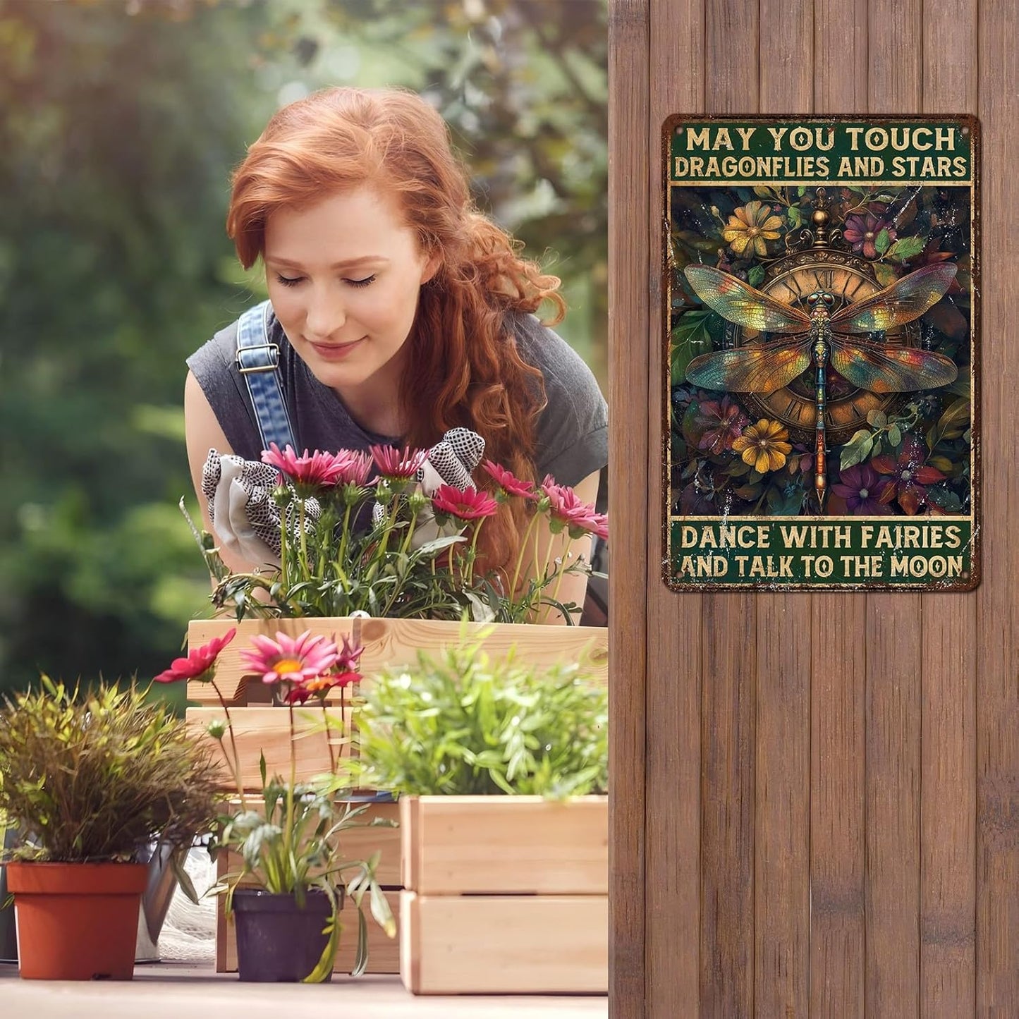 Vintage Dragonfly Tin Sign May You Touch Dragonflies And Stars Dance With Fairies And Talk To The Moon Retro Metal Poster Funny Wall Art Cafe Toilet Farm Room Garden Plaque Outdoor 12 * 8inch