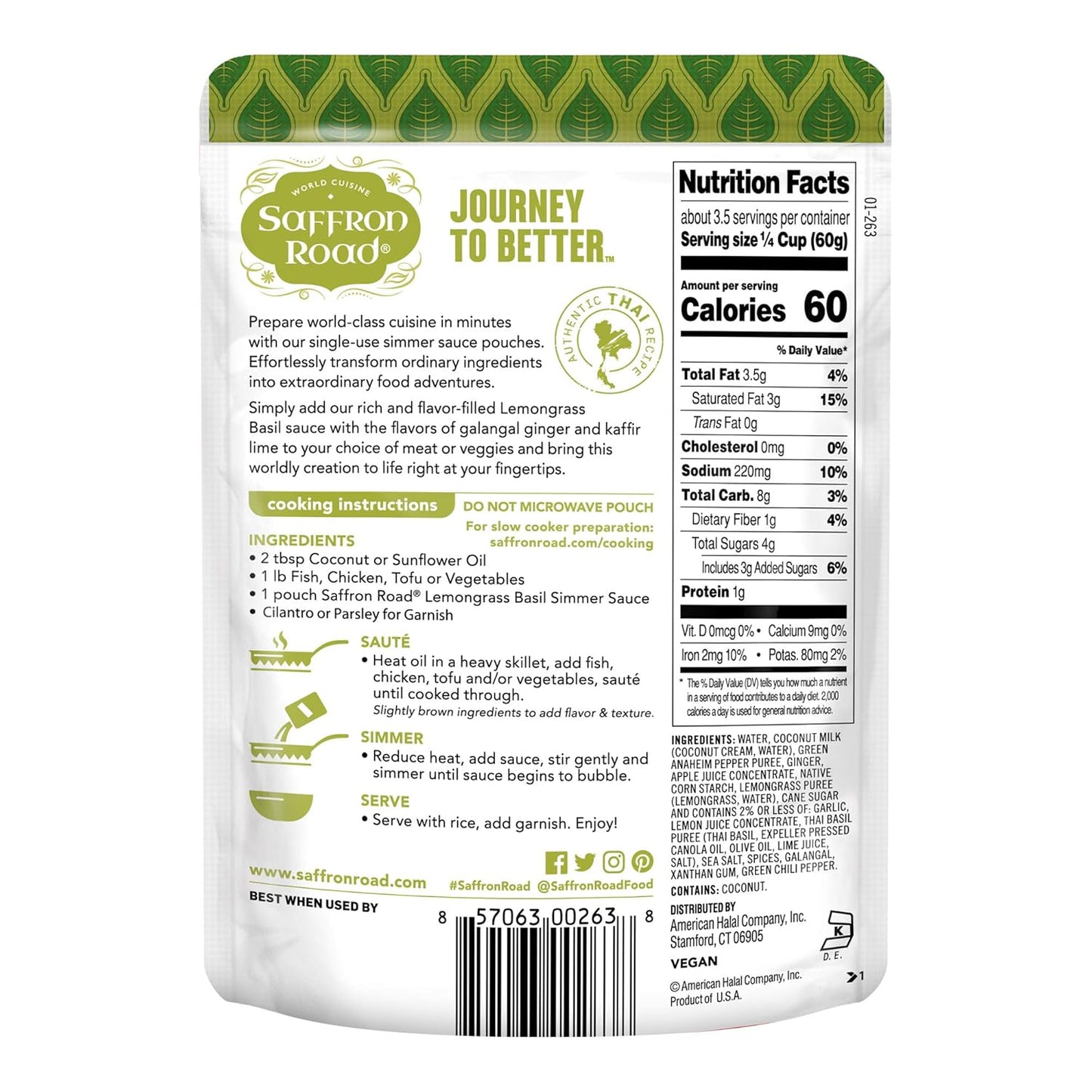 Saffron Road Lemongrass Basil Simmer Sauce | Globally Inspired Simmer Sauce | Gluten-free, Vegan, Non-GMO, and Certified Halal and Kosher | 7.0oz Pouch | Pack of 4
