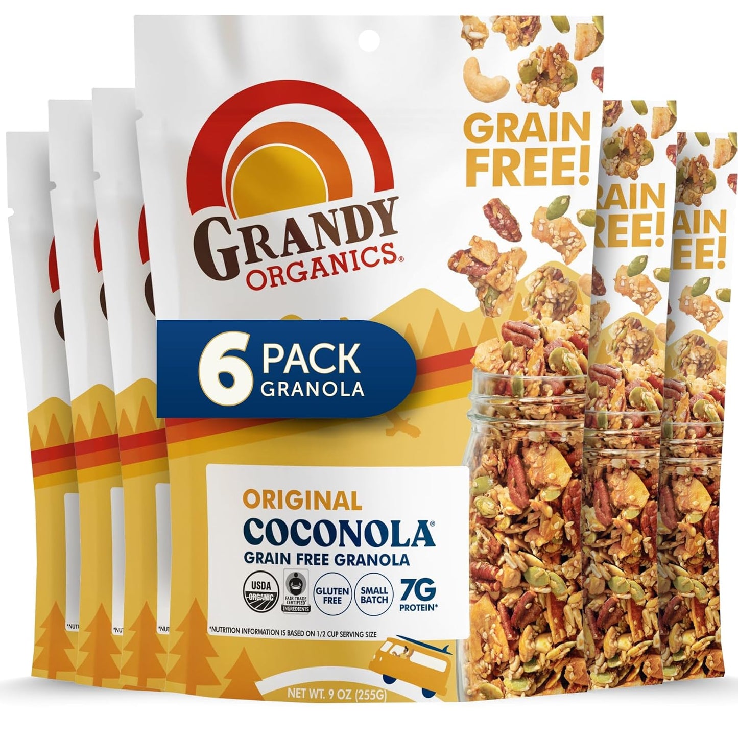 Grandy Organics Original Coconola Granola, Certified Organic Gluten Free Granola, Grain Free, Vegan and Paleo, Original Flavor Coconola, 9oz Each, Pack of 6