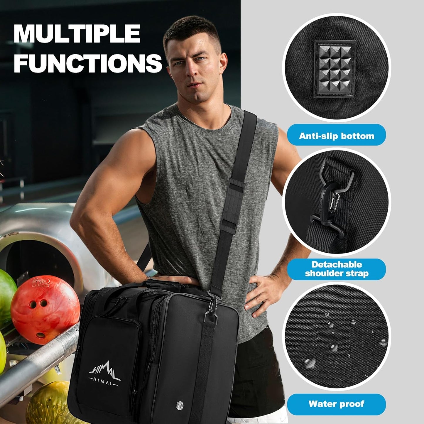 Himal Bowling Ball Bag for Single Sphere - Bowling Ball Tote Bowler's Bag with Padded Sphere Holder - Fits Bowler's Shoes Up to Mens Size 14