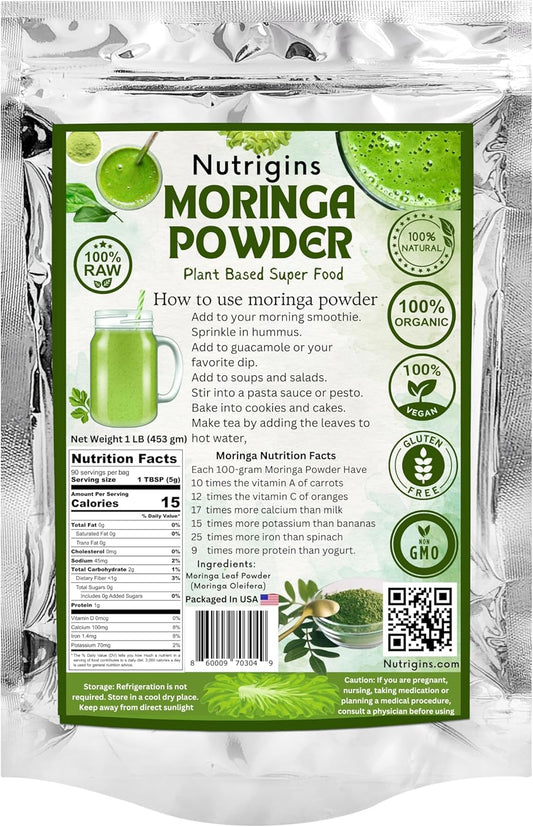 Moringa Powder - 1 lb - Organic Moringa Oleifera - 100% Raw and Pure Moringa Leaf Powder - Great for Drinks, Tea, Smoothies & Recipes - Food-Grade, Vegan, Resealable Stand-Up Bag